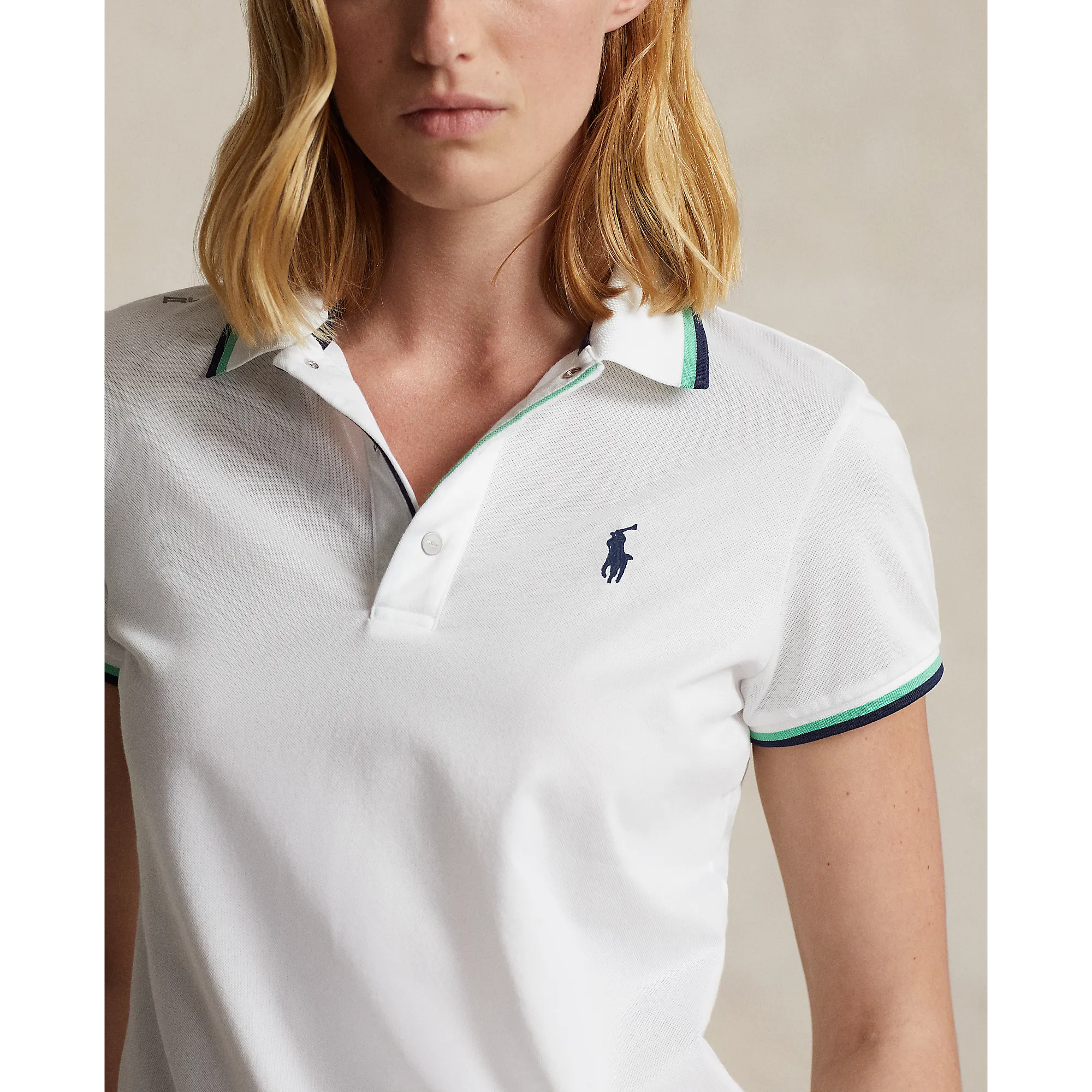 RLX Ralph Lauren Women's Tour Pique Golf Polo Shirt - Pure White/Navy/Green