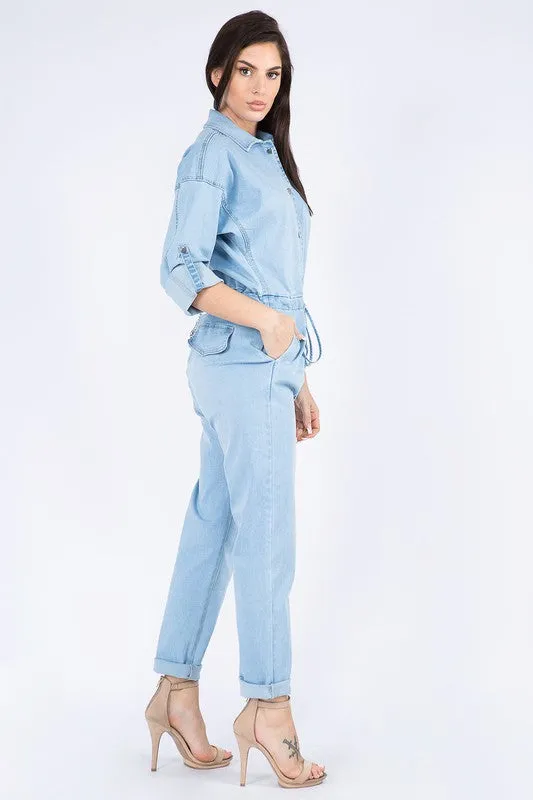 Roll up Chain Back Denim Jumpsuits