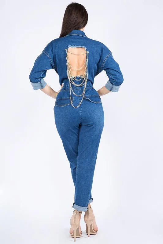 Roll up Chain Back Denim Jumpsuits