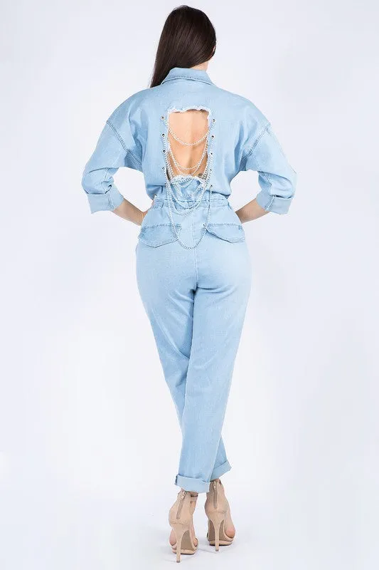 Roll up Chain Back Denim Jumpsuits