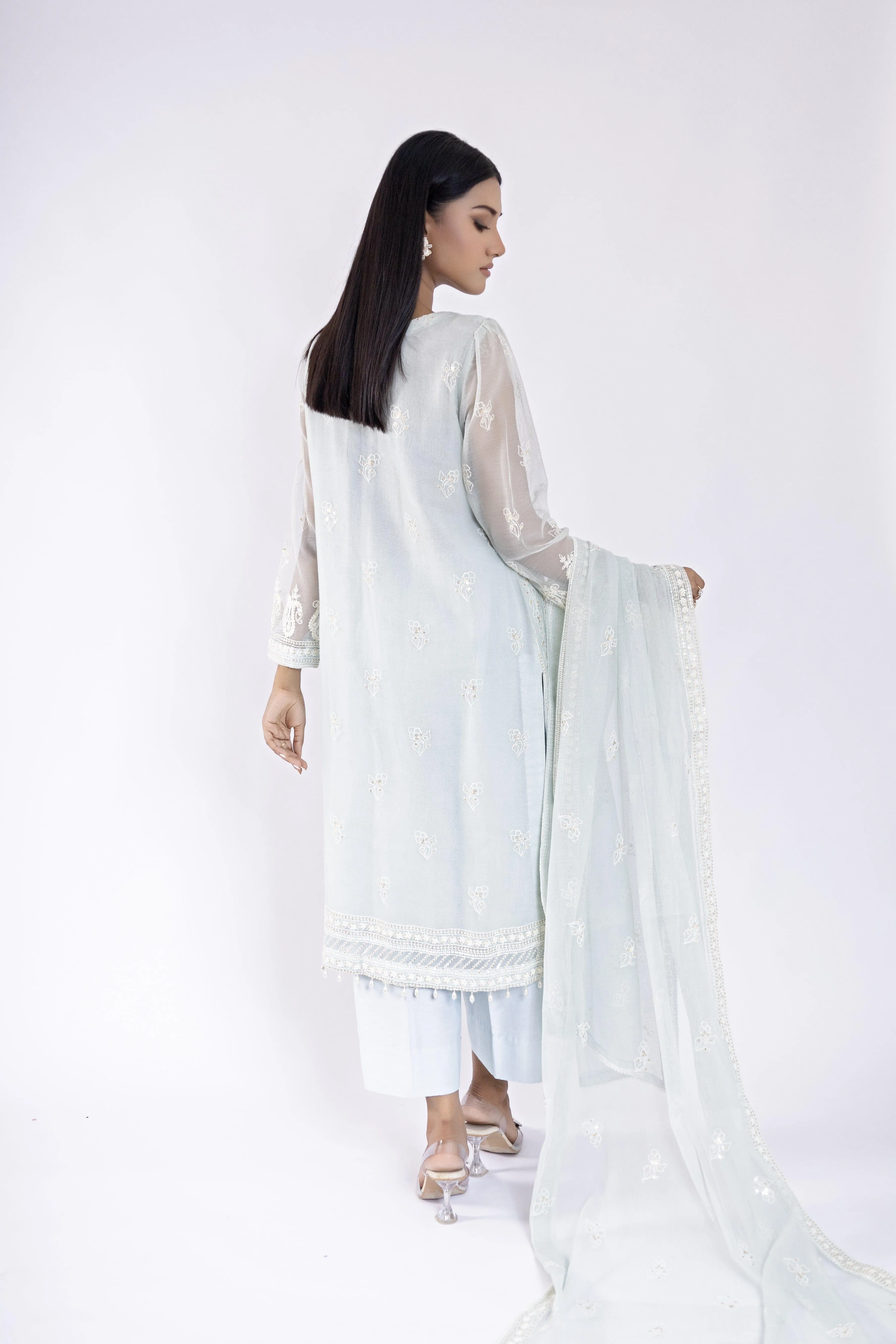 Sadia Aamir - Mina - Ice Blue Khaddi Net Shirt and Dupatta with Culottes - 3 Piece