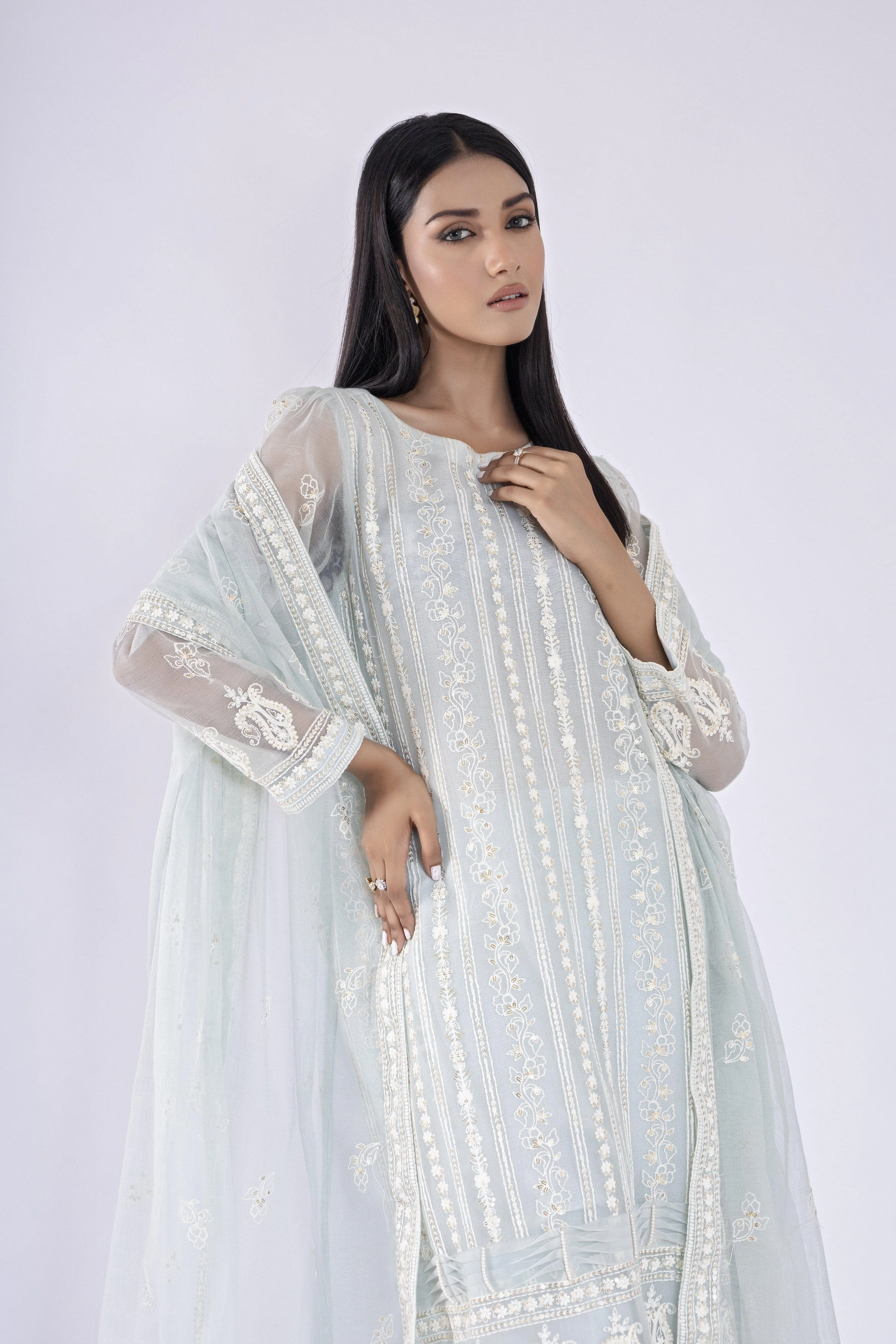 Sadia Aamir - Mina - Ice Blue Khaddi Net Shirt and Dupatta with Culottes - 3 Piece