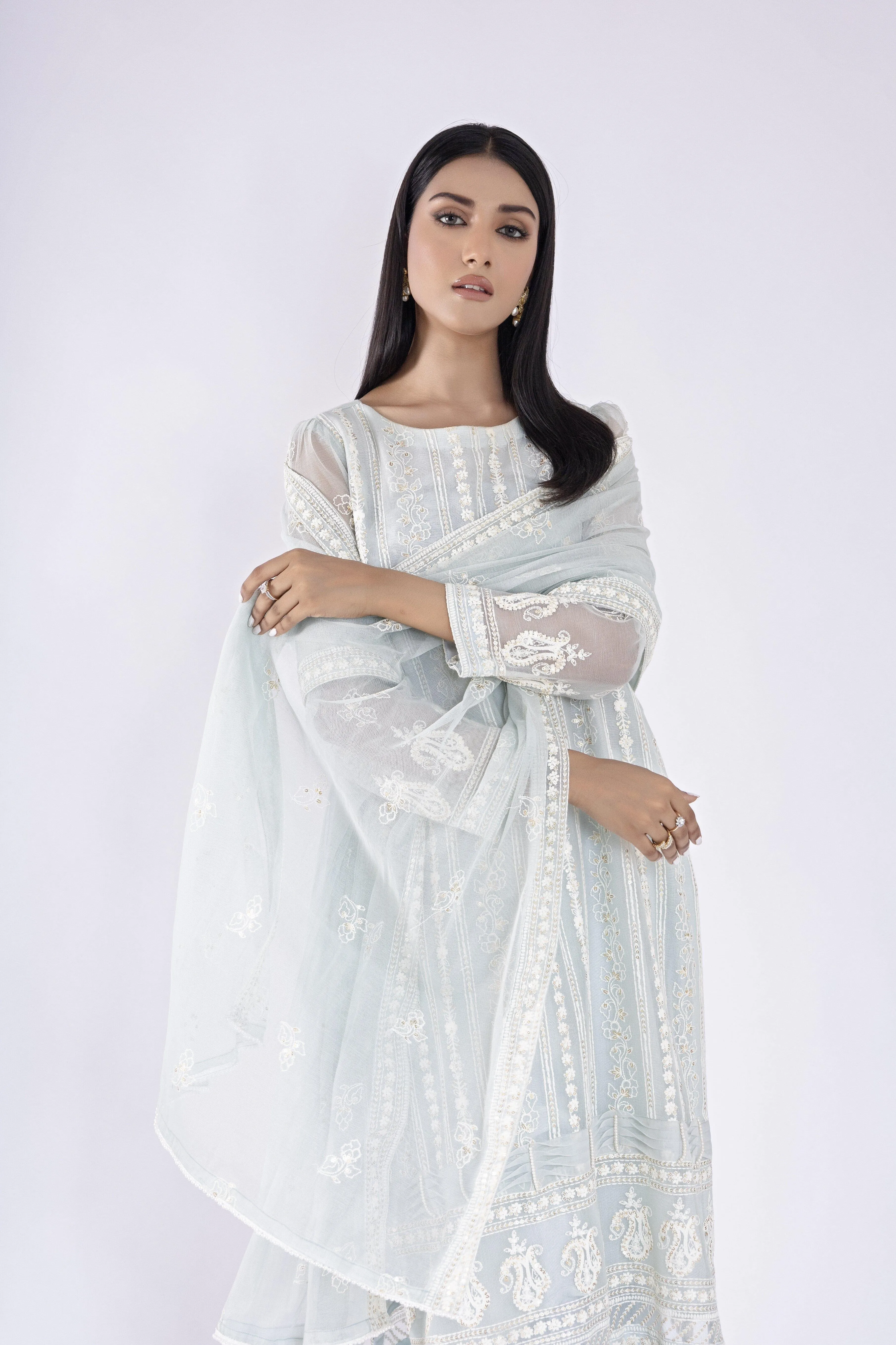 Sadia Aamir - Mina - Ice Blue Khaddi Net Shirt and Dupatta with Culottes - 3 Piece