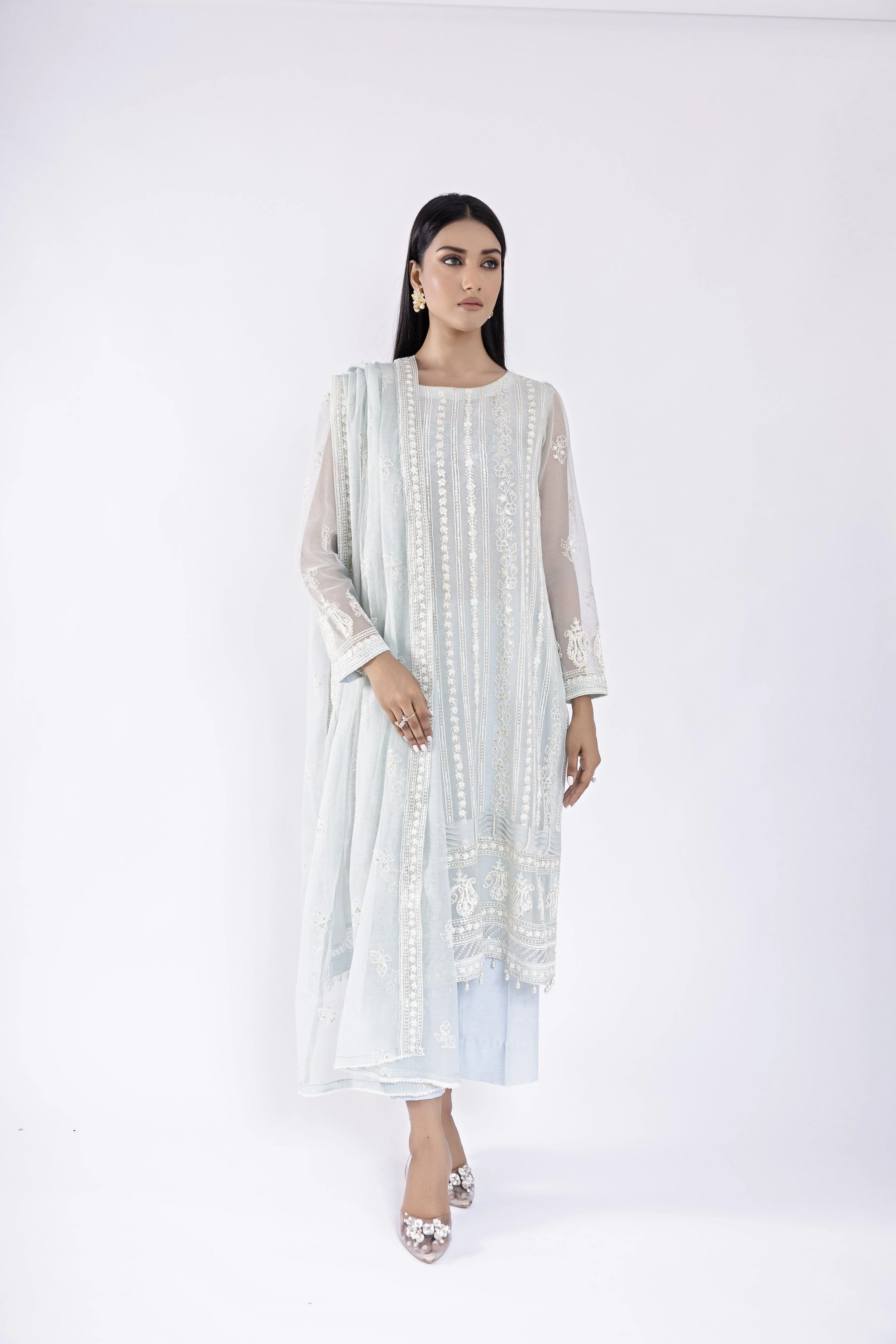 Sadia Aamir - Mina - Ice Blue Khaddi Net Shirt and Dupatta with Culottes - 3 Piece