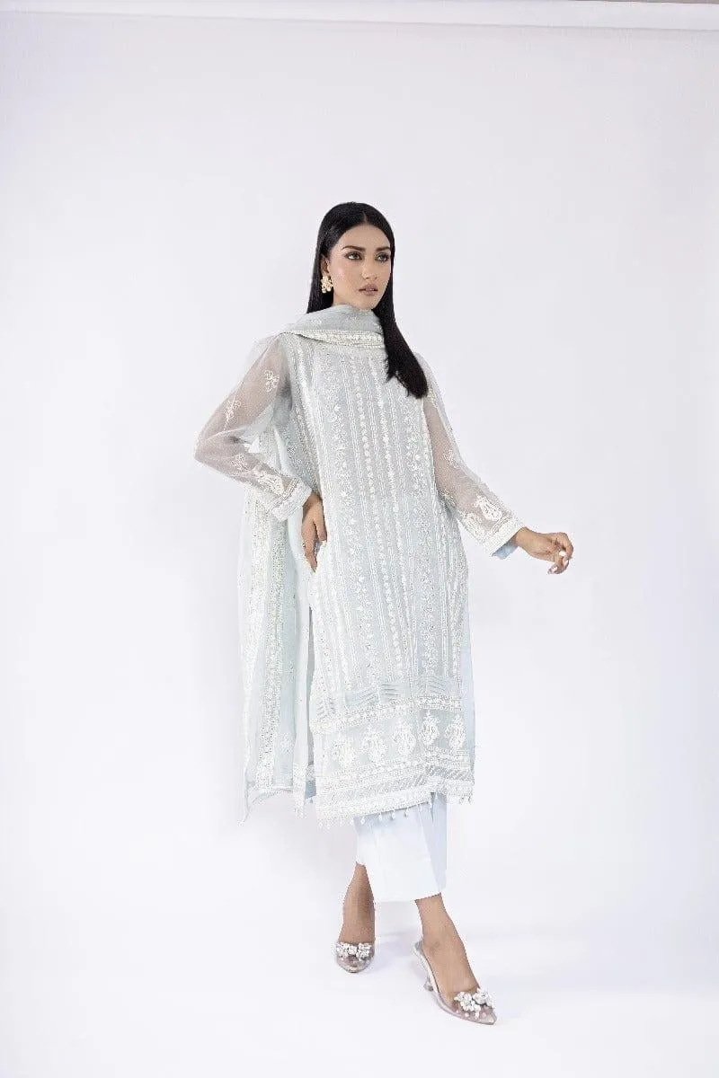 Sadia Aamir - Mina - Ice Blue Khaddi Net Shirt and Dupatta with Culottes - 3 Piece