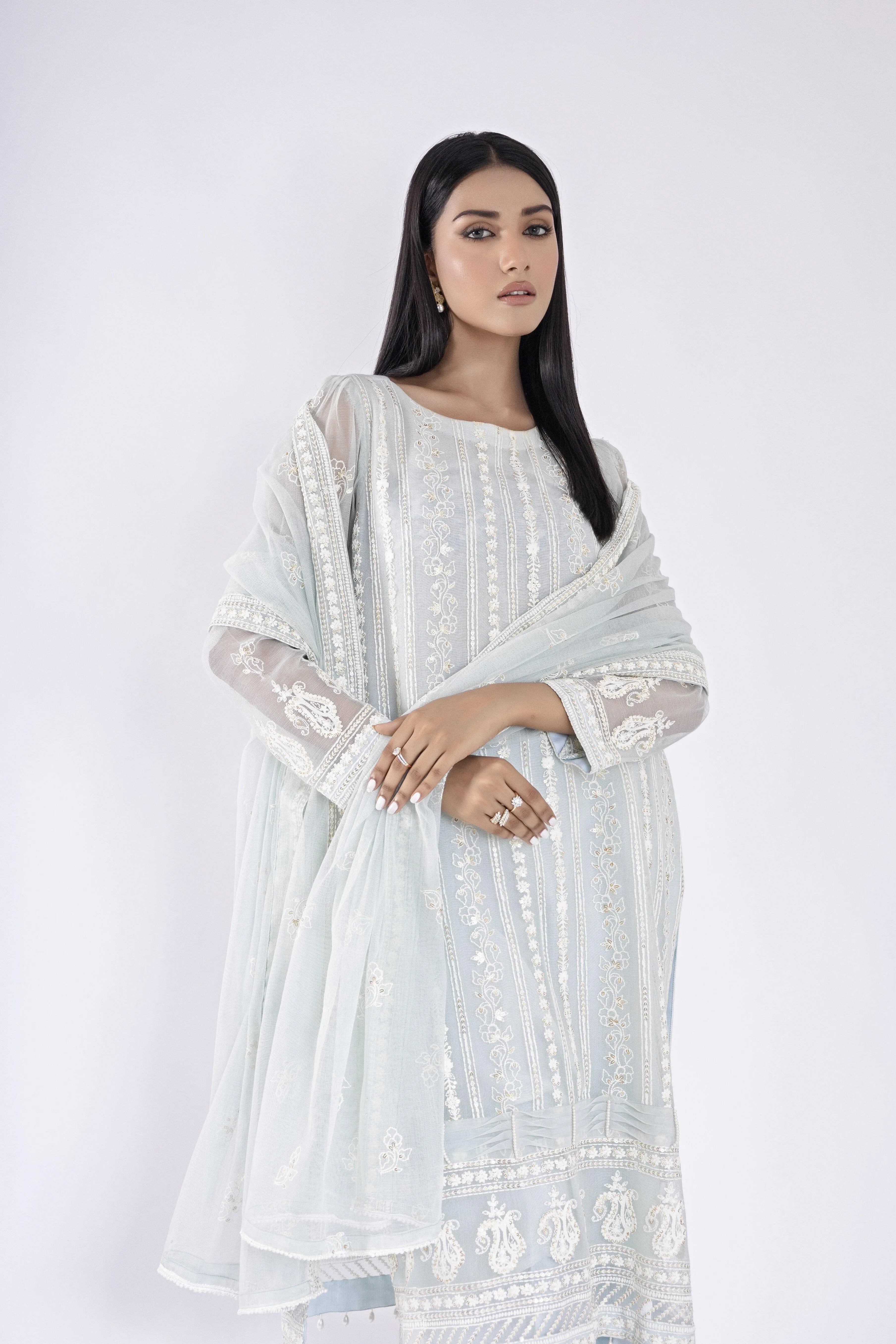 Sadia Aamir - Mina - Ice Blue Khaddi Net Shirt and Dupatta with Culottes - 3 Piece