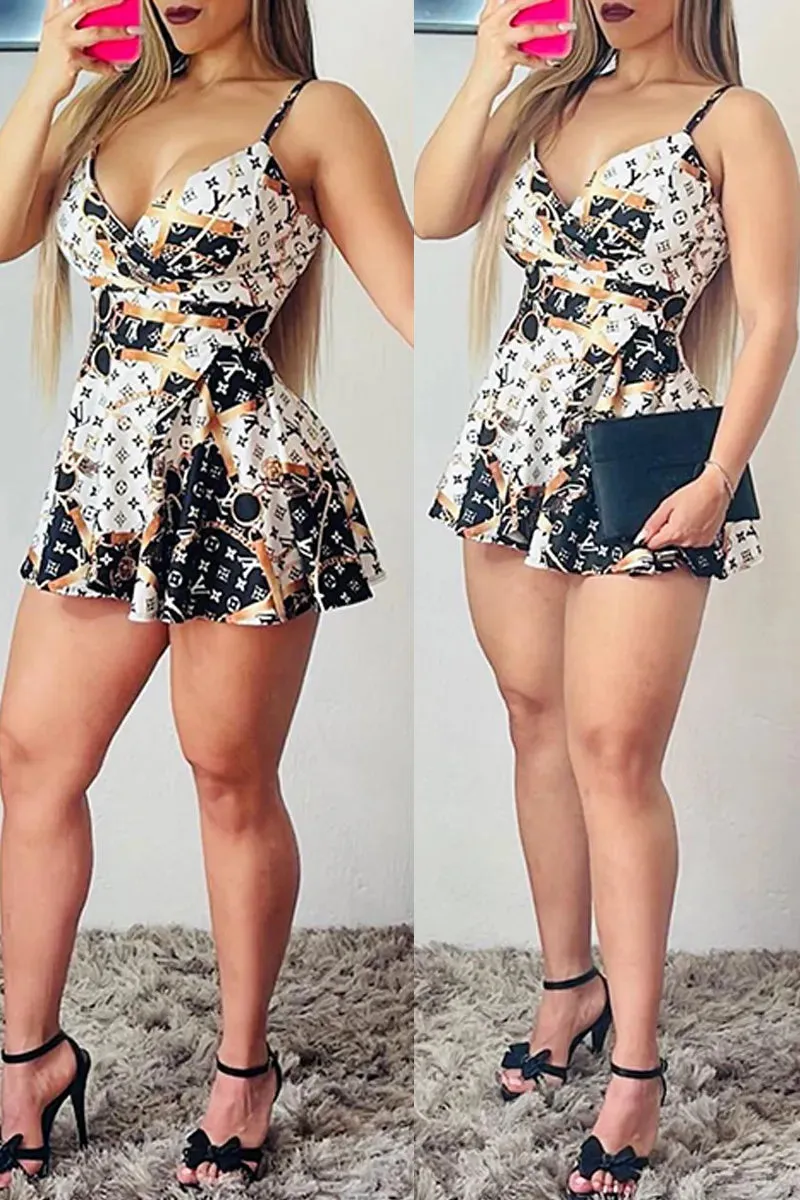 Sexy Abstract Black Multicolor Logo Print Romper