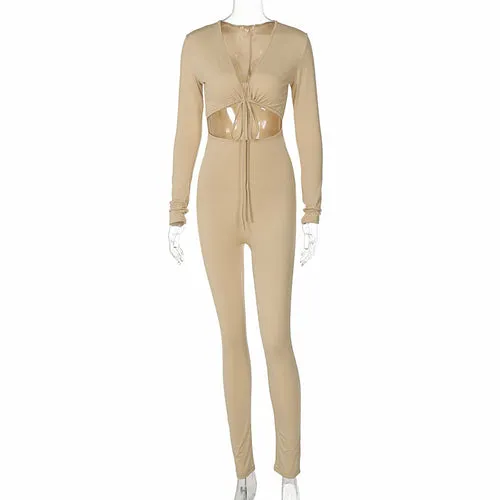 Sexy Tie-up Hollow-out Long-sleeved Jumpsuit