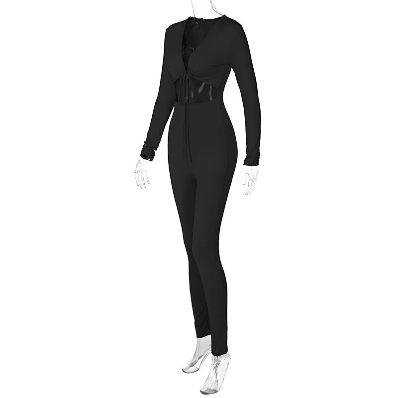 Sexy Tie-up Hollow-out Long-sleeved Jumpsuit