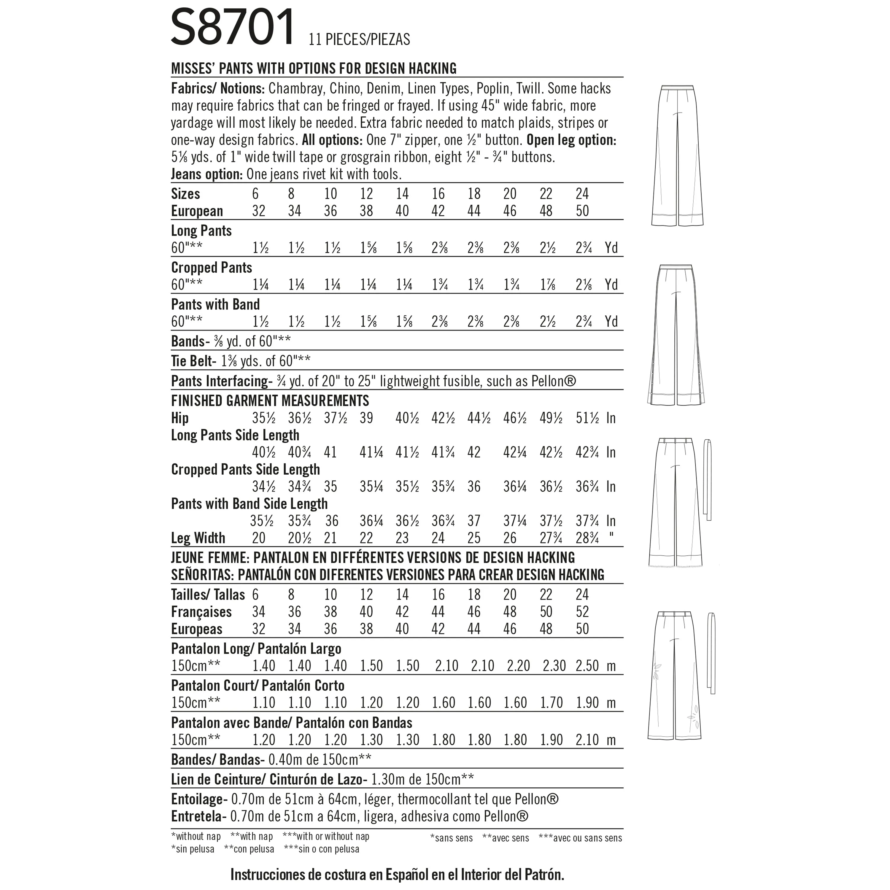 Simplicity Pattern 8701 Misses' Pants with Options for Design Hacking