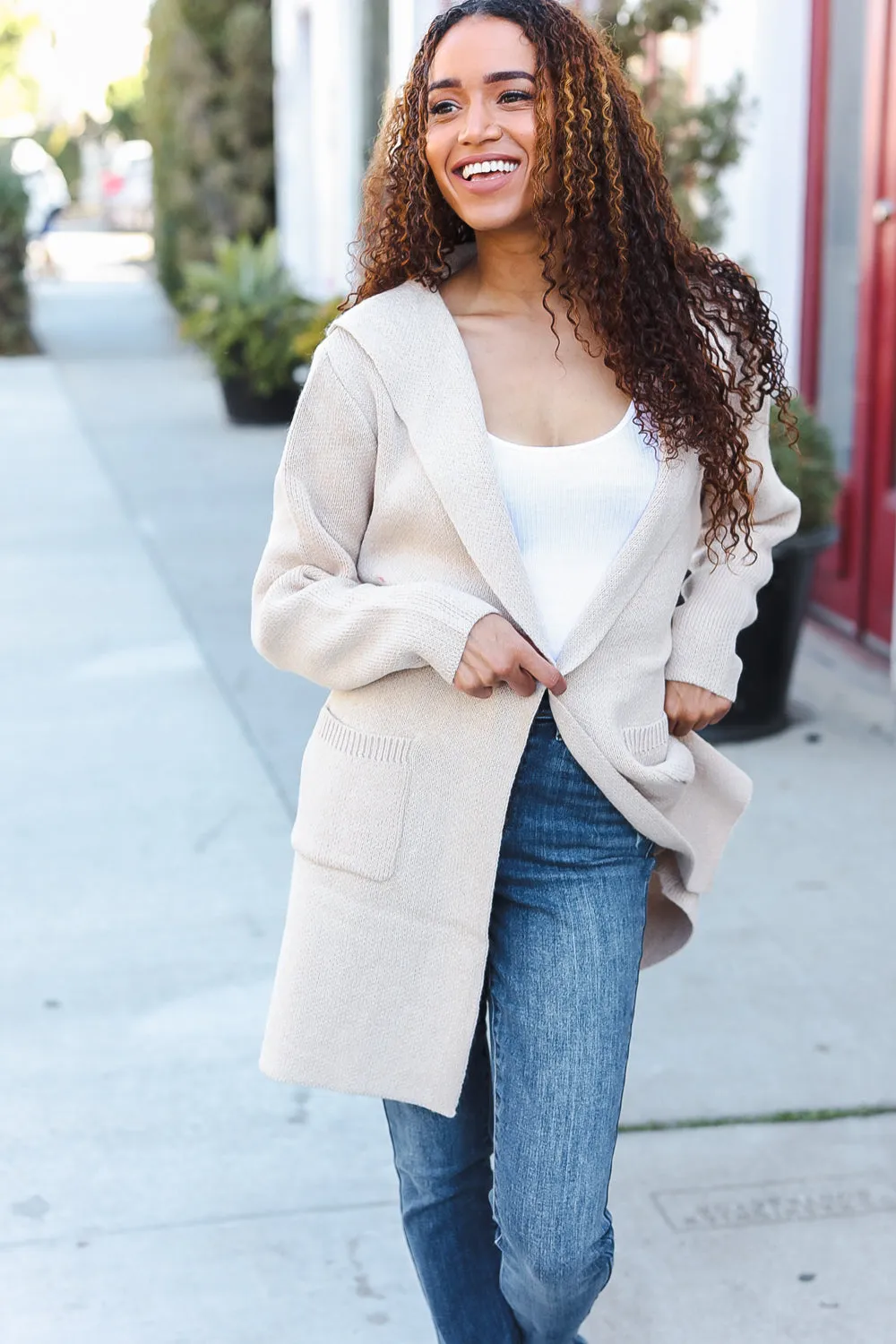 Taupe Open Sweater Cardigan Hoodie With Pockets