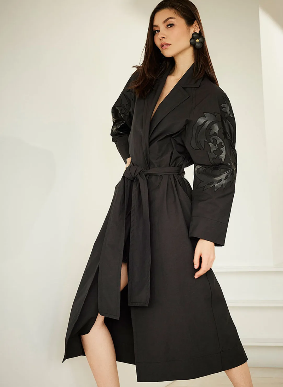 Tech Cotton Taffeta Black Embroidered Trench Coat