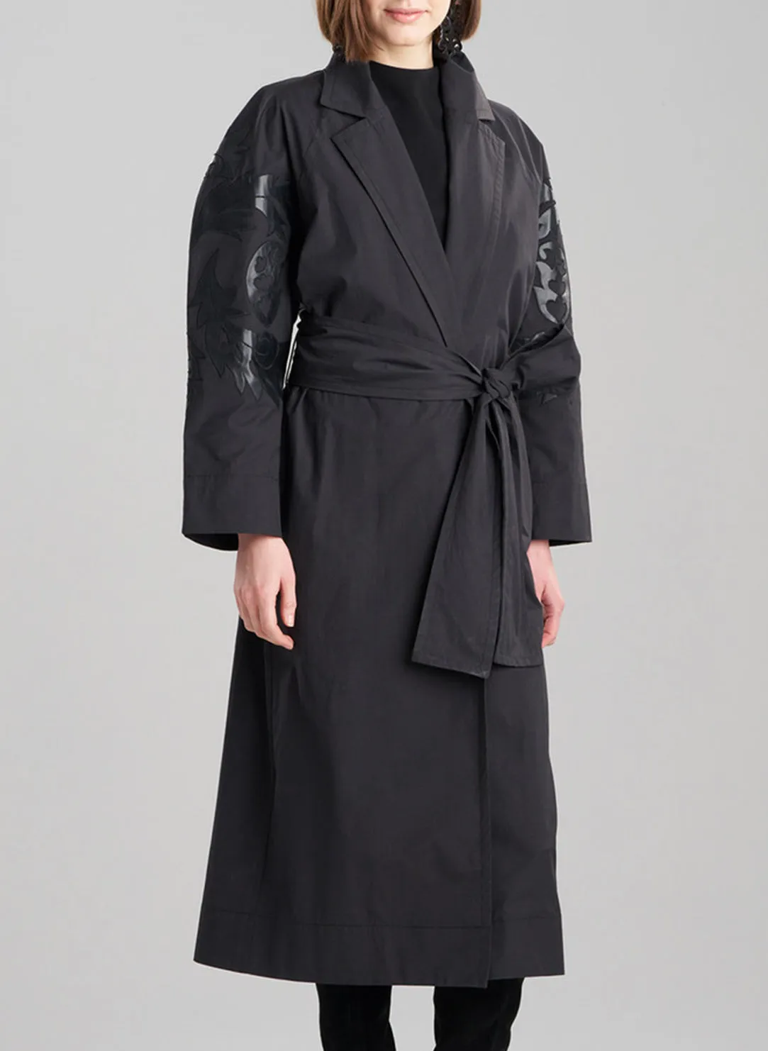 Tech Cotton Taffeta Black Embroidered Trench Coat