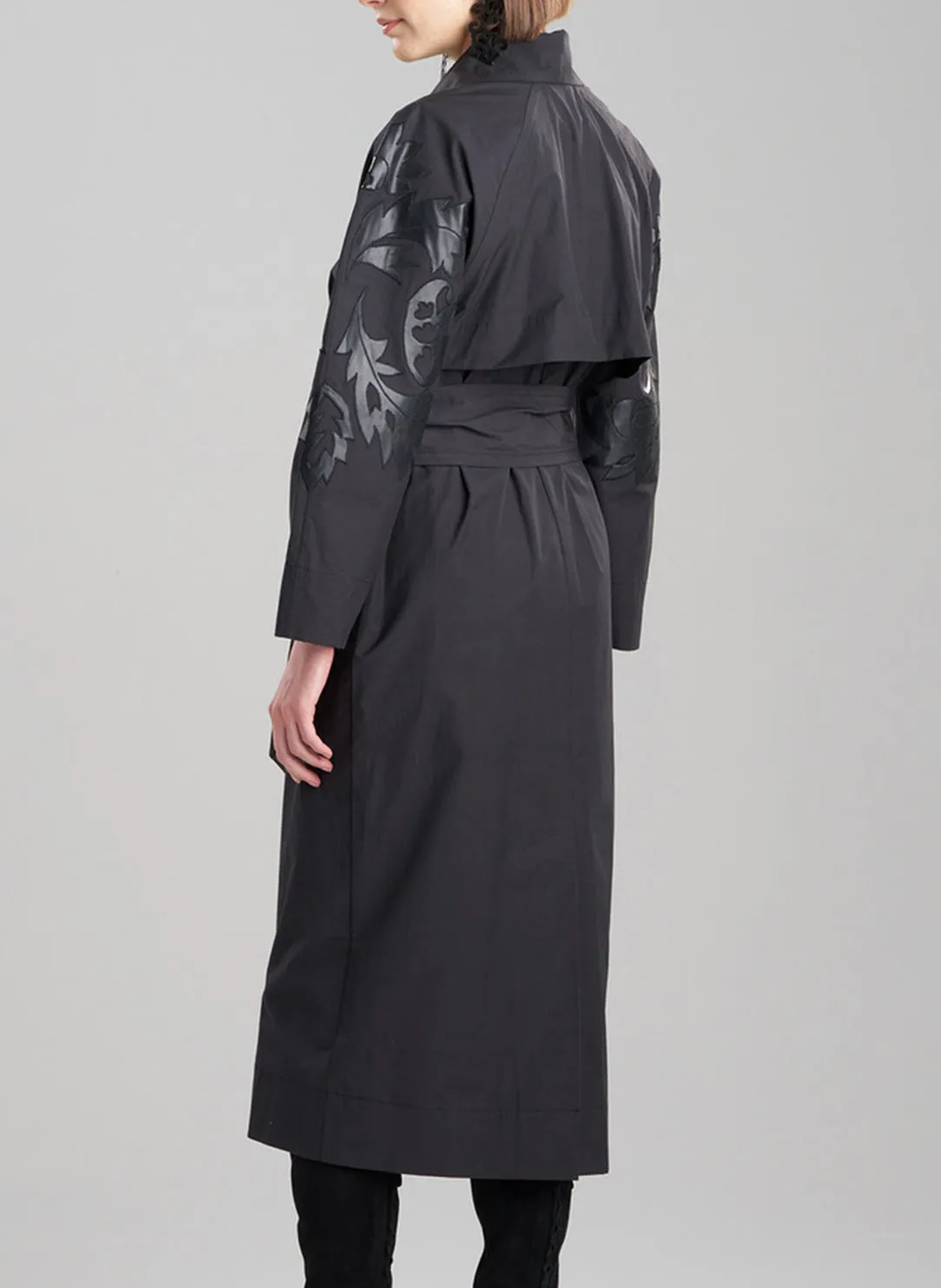 Tech Cotton Taffeta Black Embroidered Trench Coat