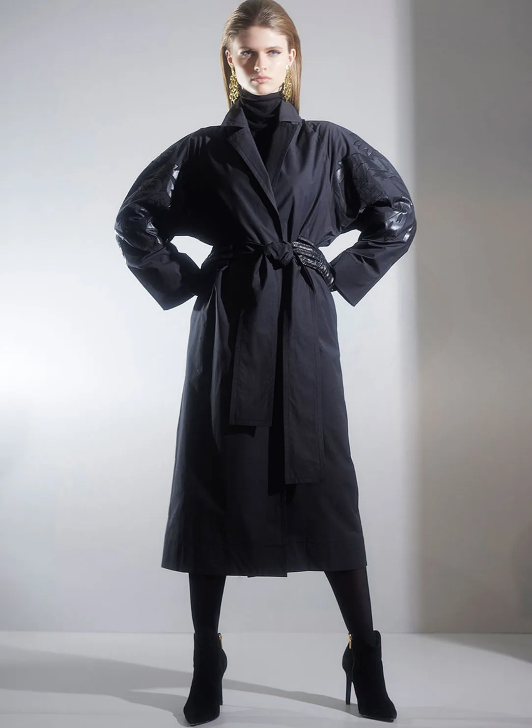 Tech Cotton Taffeta Black Embroidered Trench Coat