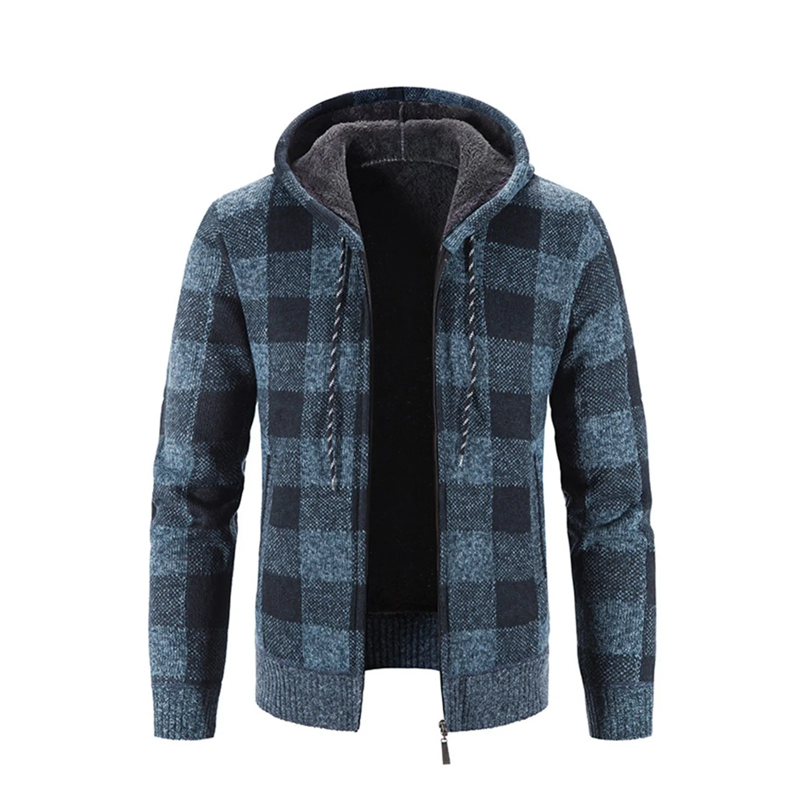 THICKEN FLEECE PLAID ZIPPER POCKET HOODED KNITTED JACKET