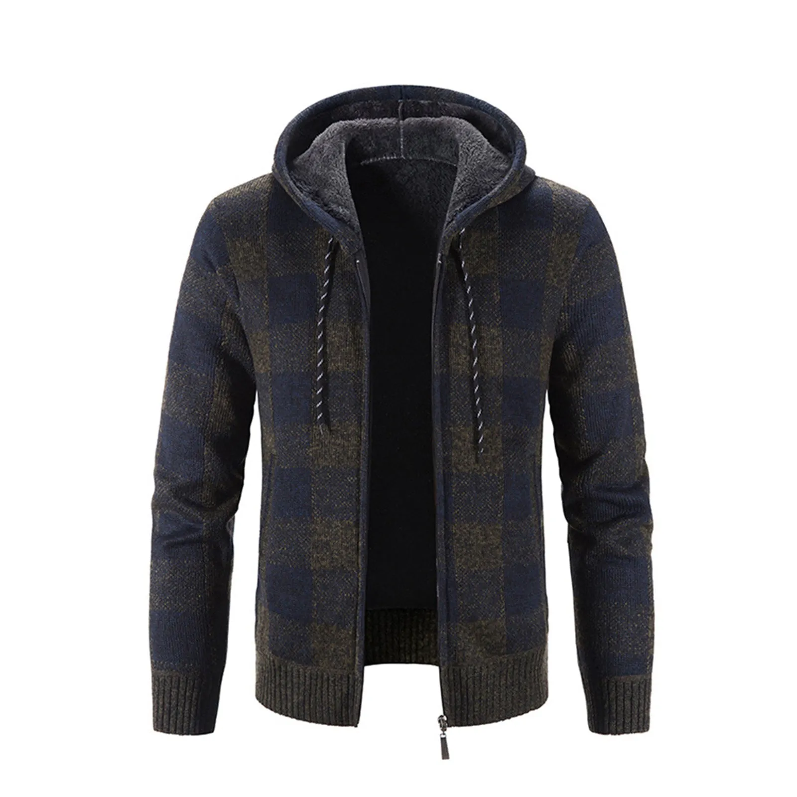 THICKEN FLEECE PLAID ZIPPER POCKET HOODED KNITTED JACKET