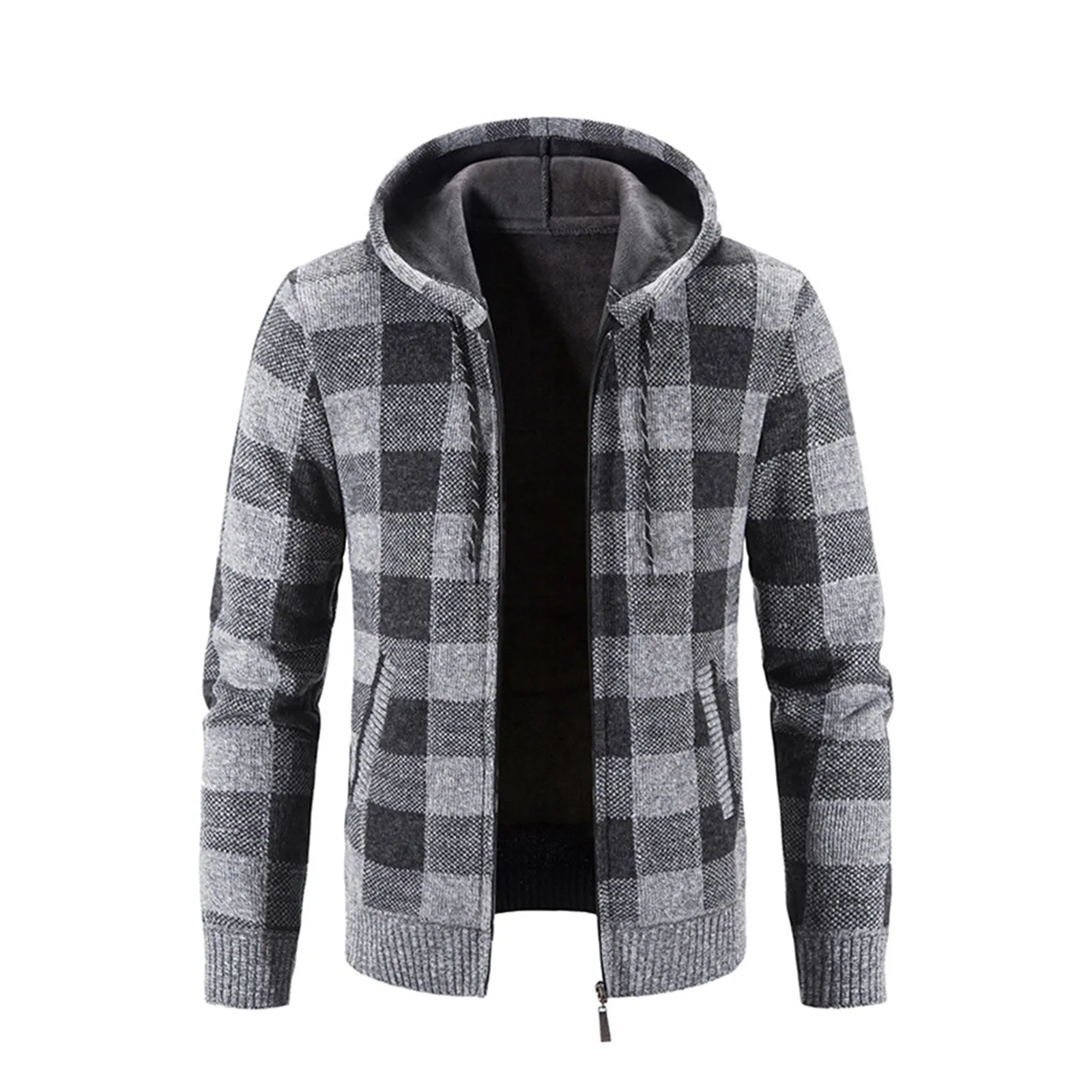 THICKEN FLEECE PLAID ZIPPER POCKET HOODED KNITTED JACKET