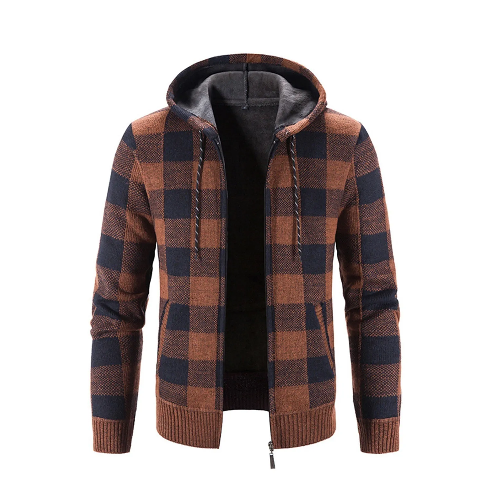 THICKEN FLEECE PLAID ZIPPER POCKET HOODED KNITTED JACKET