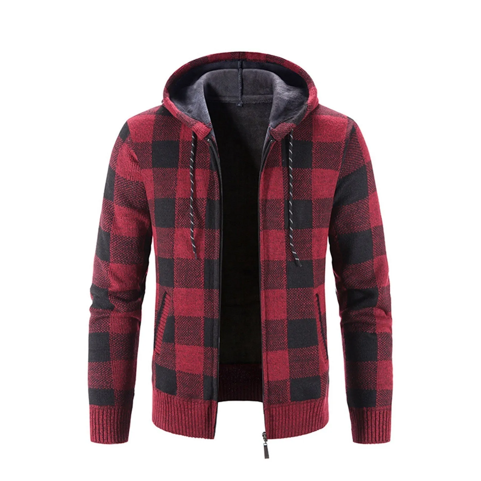 THICKEN FLEECE PLAID ZIPPER POCKET HOODED KNITTED JACKET