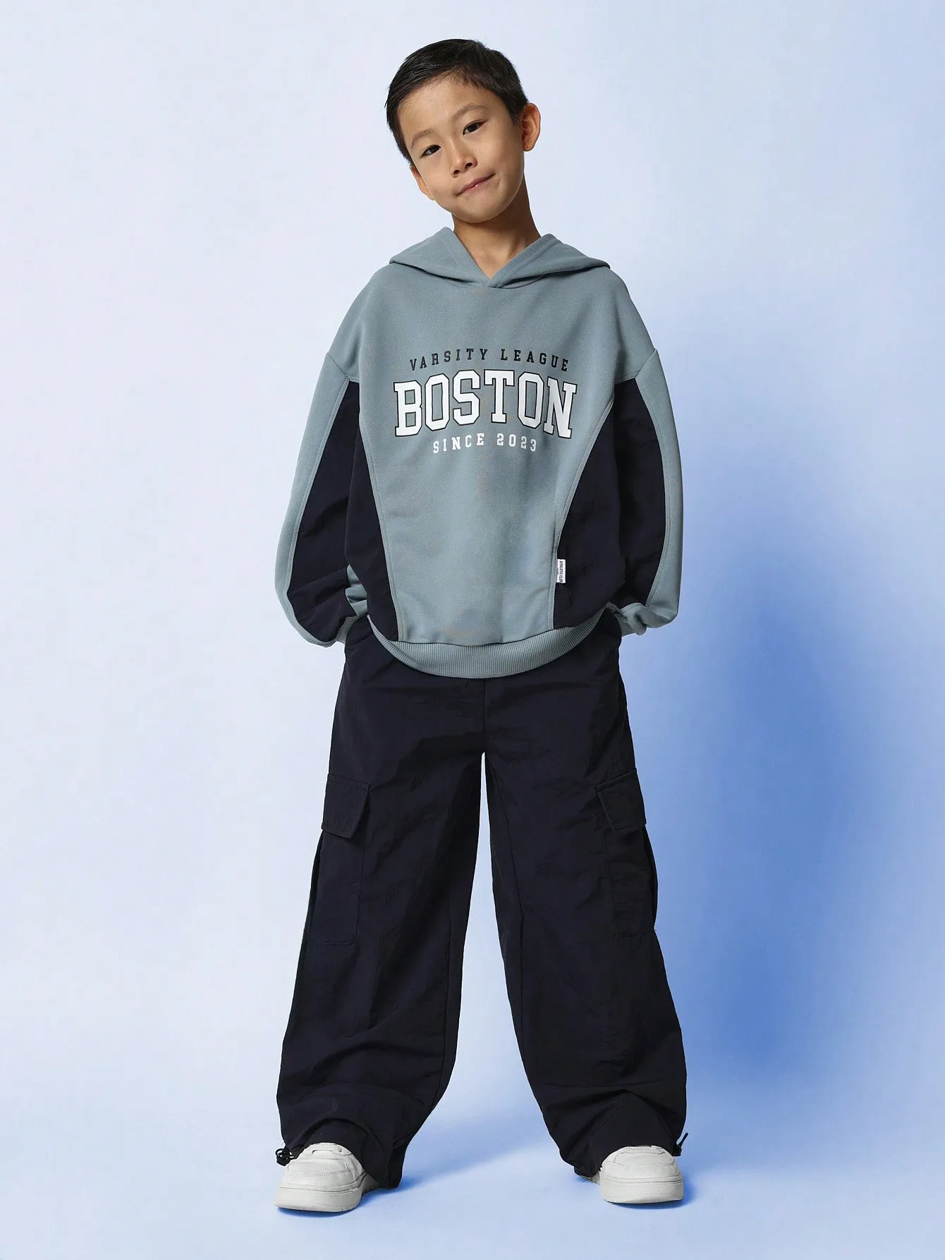 Tween Boys Comfy Overhead Contrast Panel Hoodie And Cargo Parachute Pant 2 Piece Set