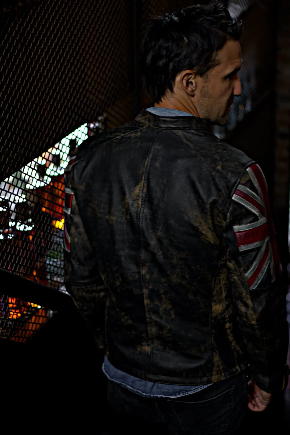 UNION JACK Leather Jacket in Ultra Distressed British Flag Cafe Racer- Limited Ed