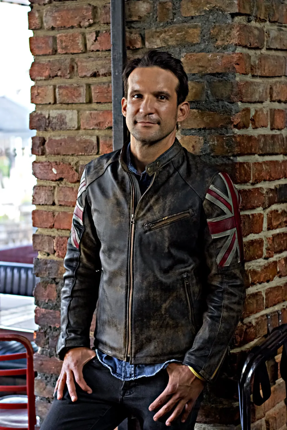 UNION JACK Leather Jacket in Ultra Distressed British Flag Cafe Racer- Limited Ed