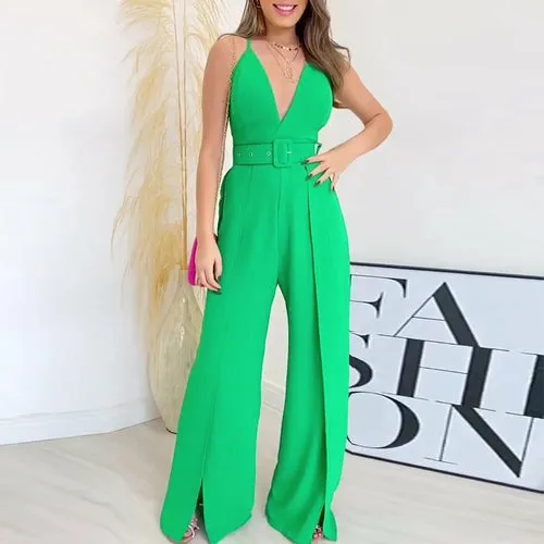 V-neck High-waisted Jumpsuit with Split Wide Leg Pants with Belt