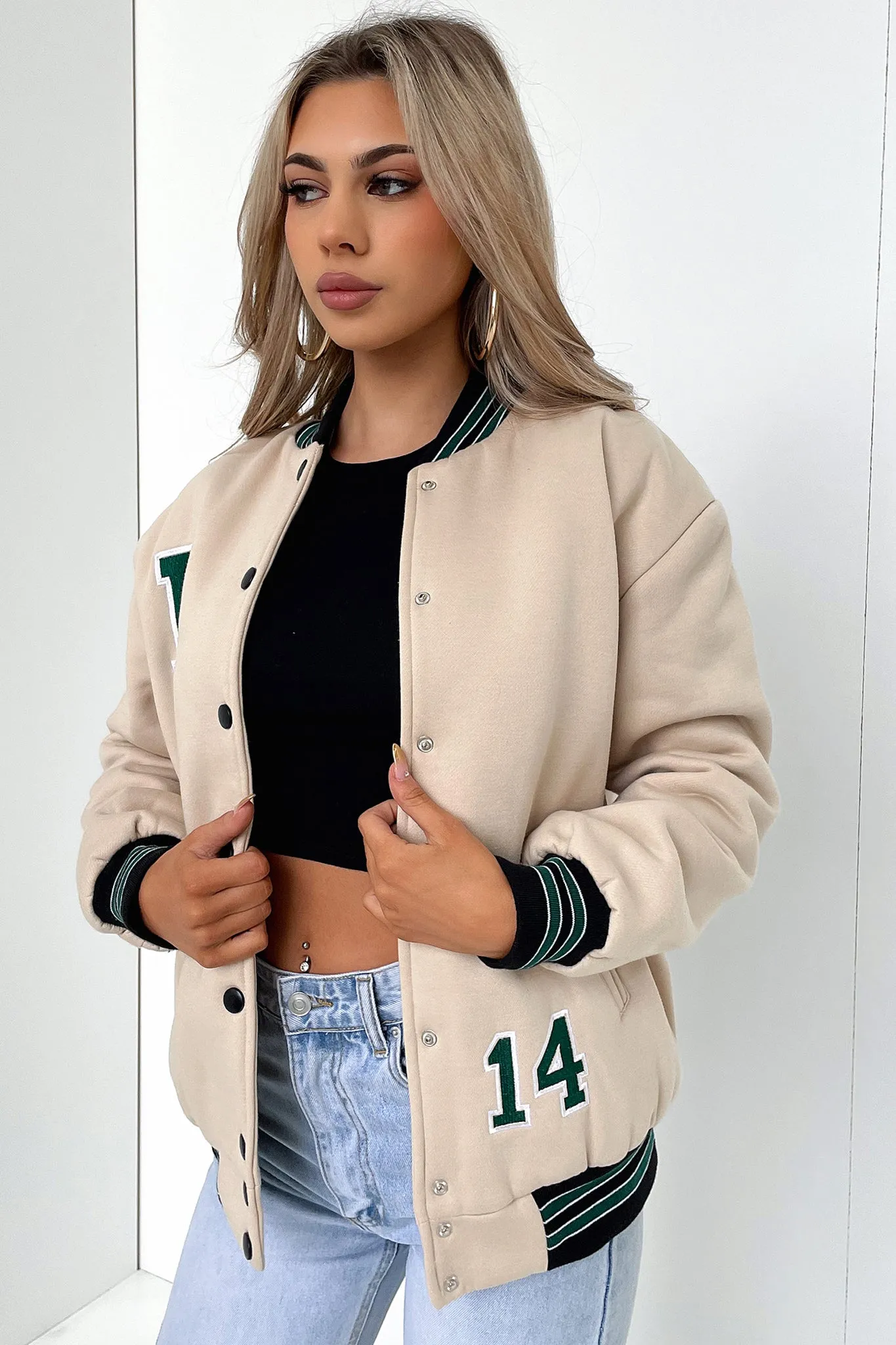 Varsity Oversized Jacket - Tan / Emerald