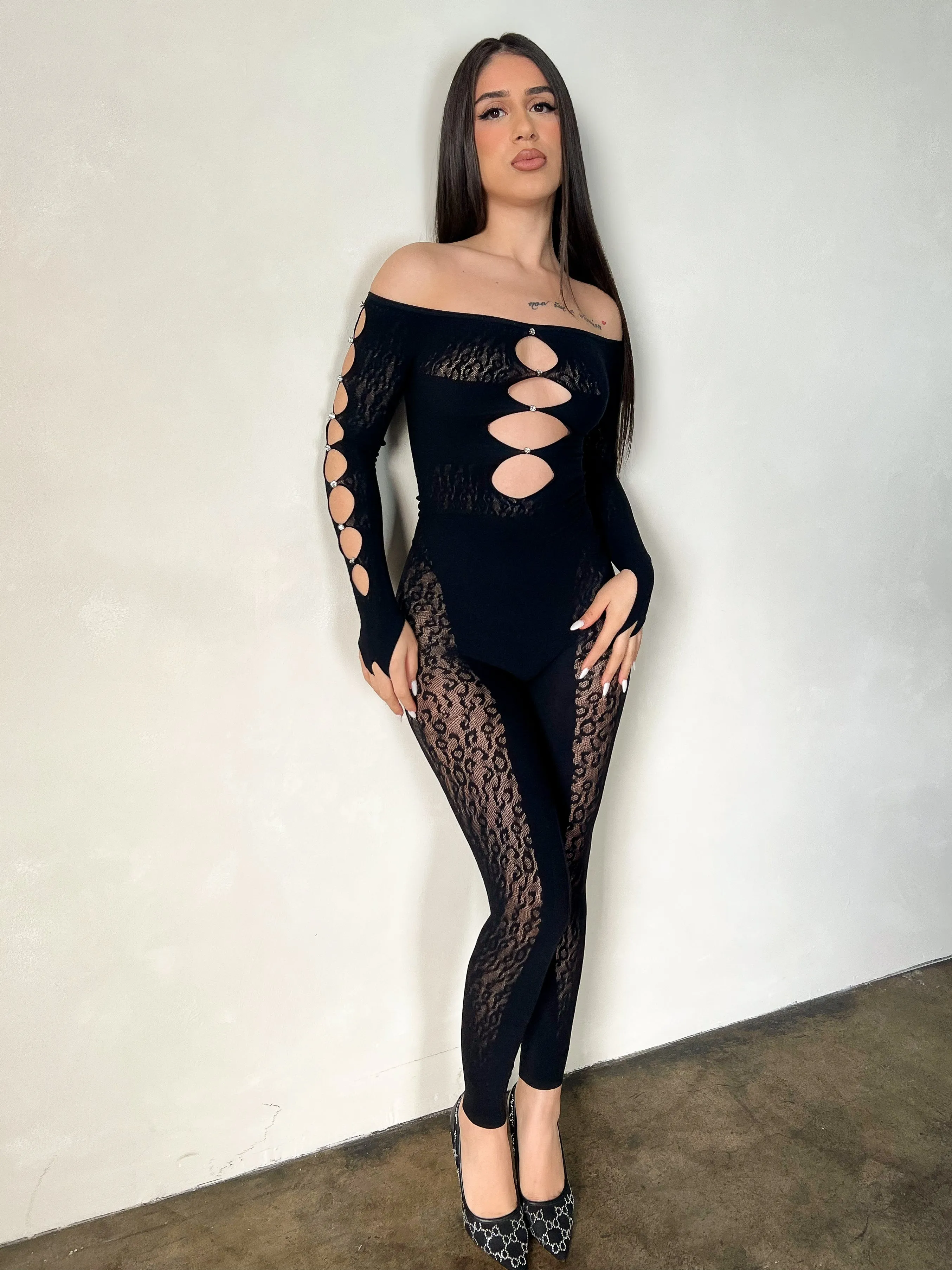 Venus Leopard Lace Jumpsuit (Black)