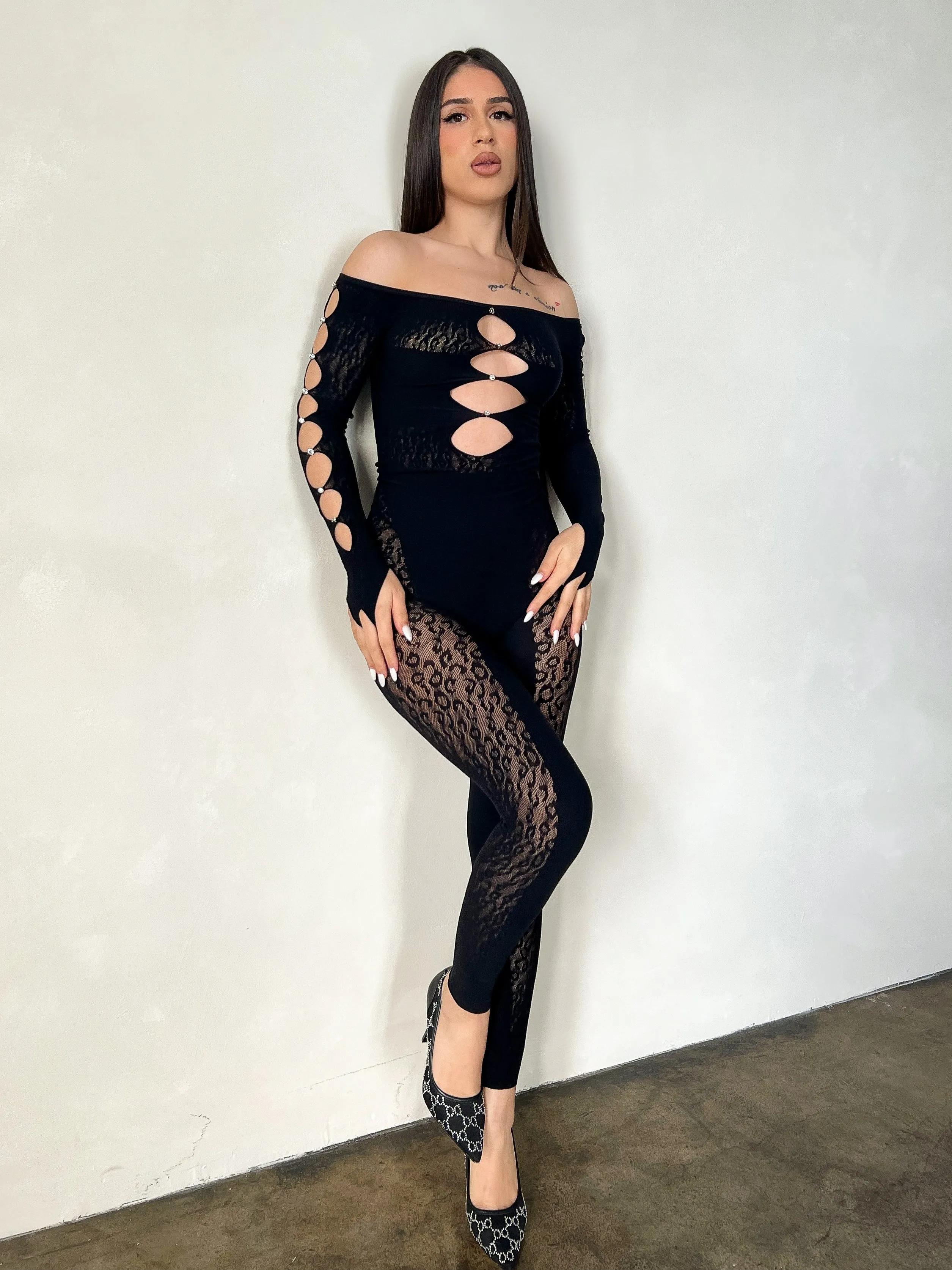 Venus Leopard Lace Jumpsuit (Black)