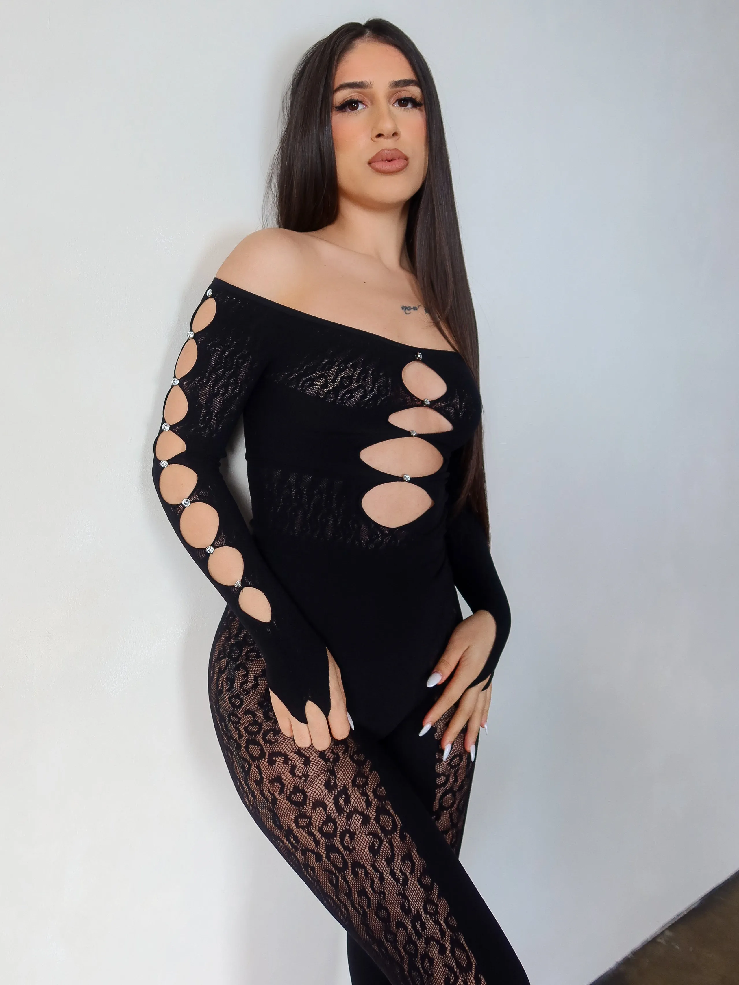 Venus Leopard Lace Jumpsuit (Black)