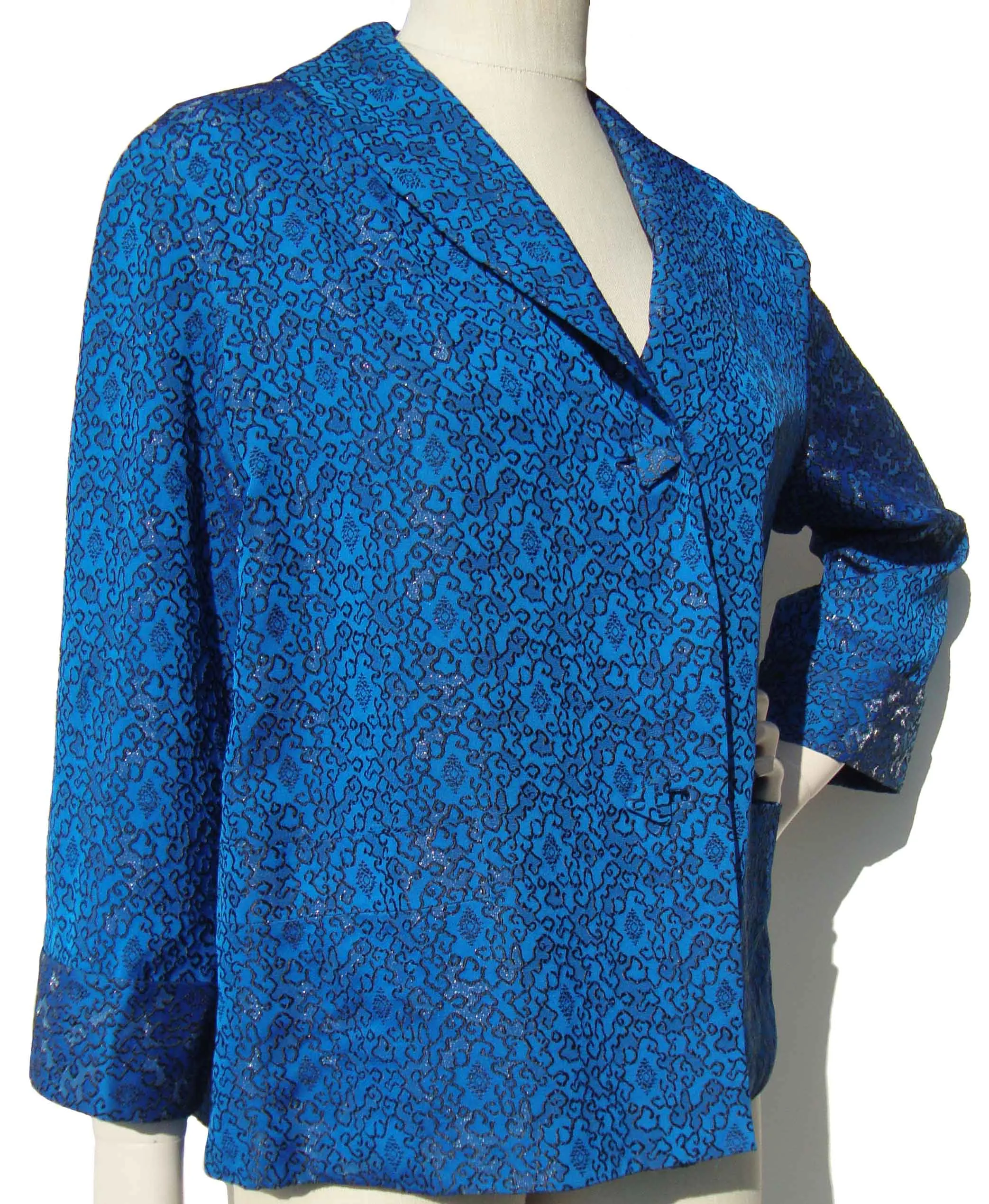 Vintage 50s Topper Blue Silver Brocade Asian Swing Jacket M / L