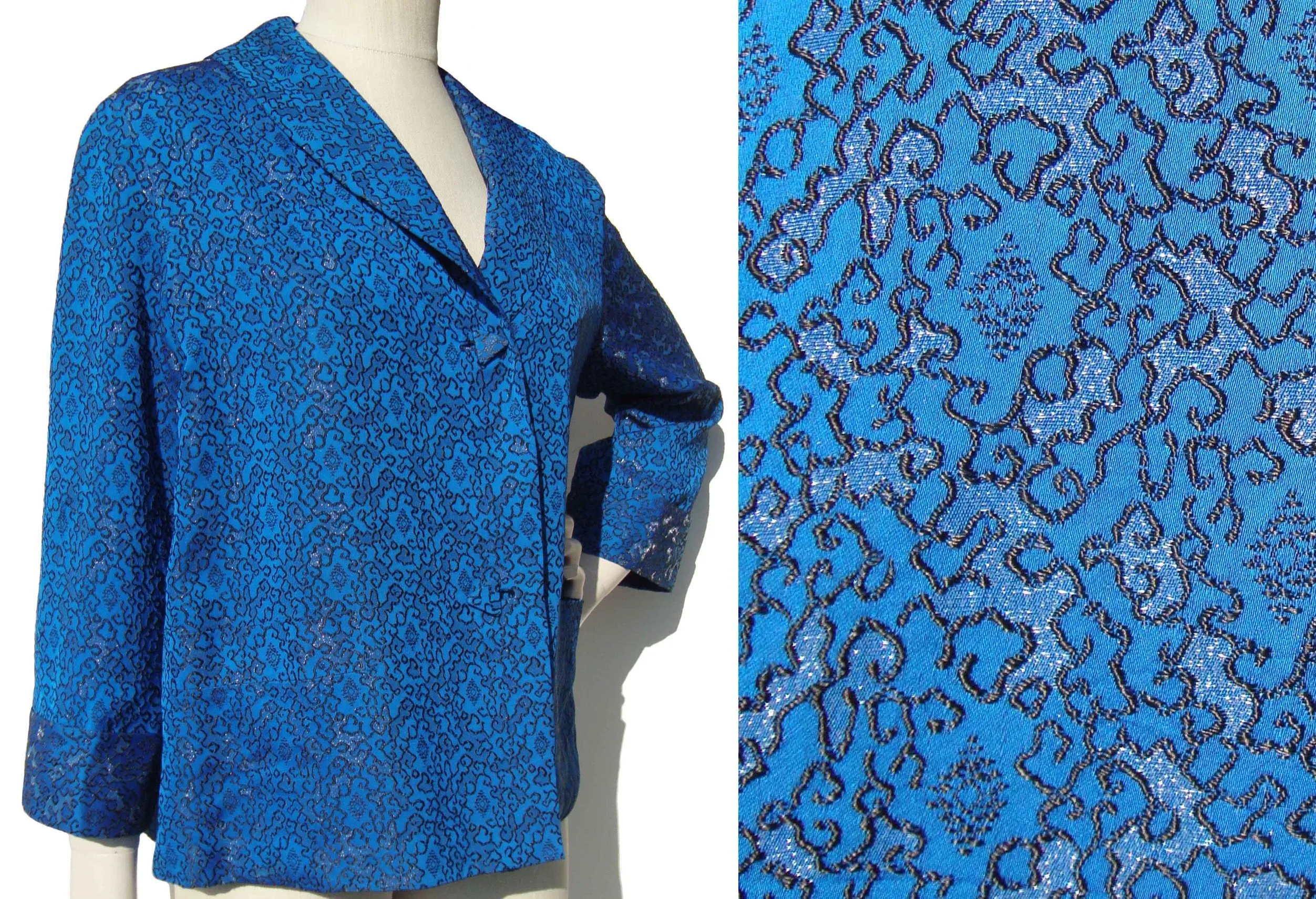 Vintage 50s Topper Blue Silver Brocade Asian Swing Jacket M / L