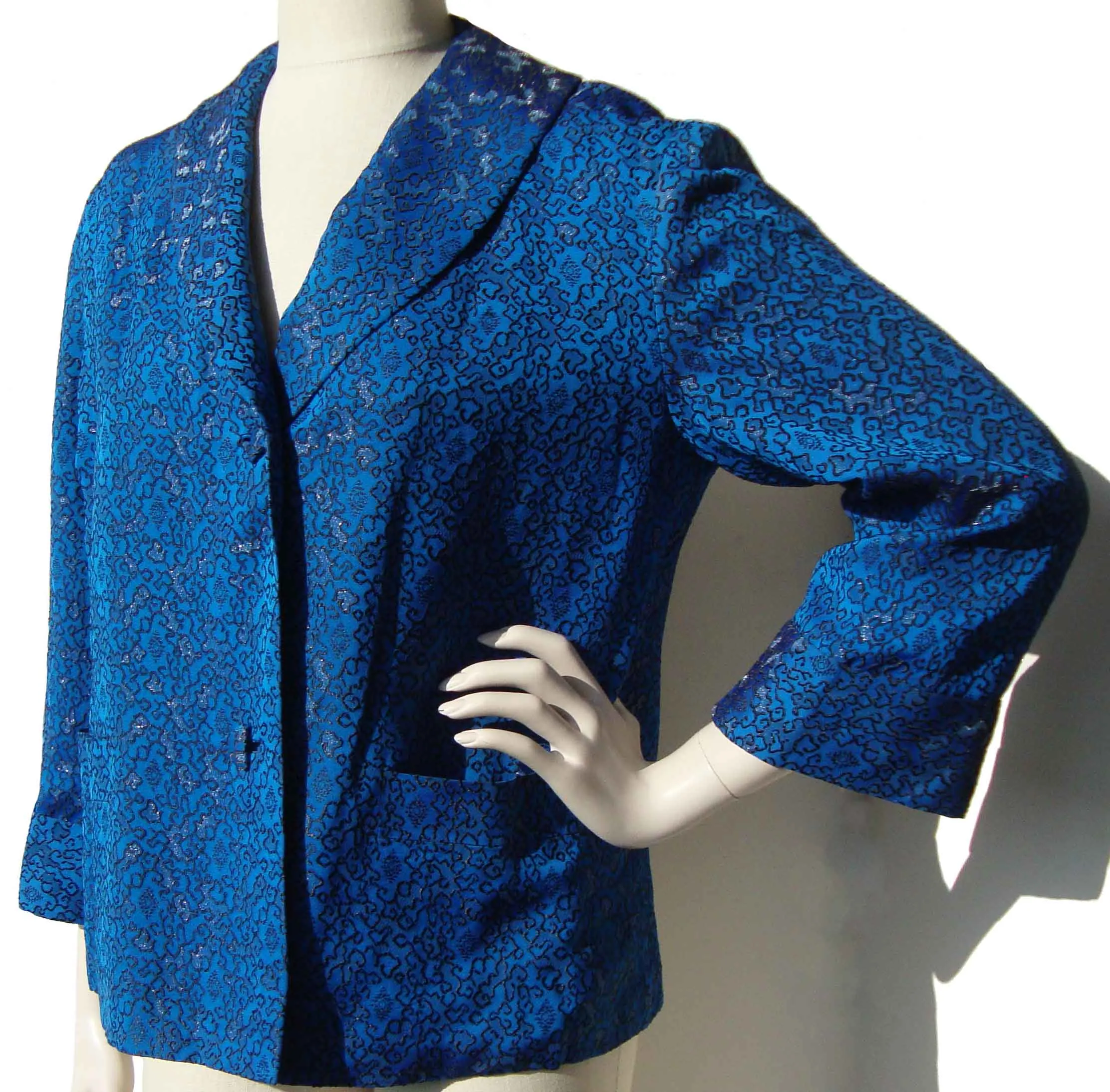 Vintage 50s Topper Blue Silver Brocade Asian Swing Jacket M / L