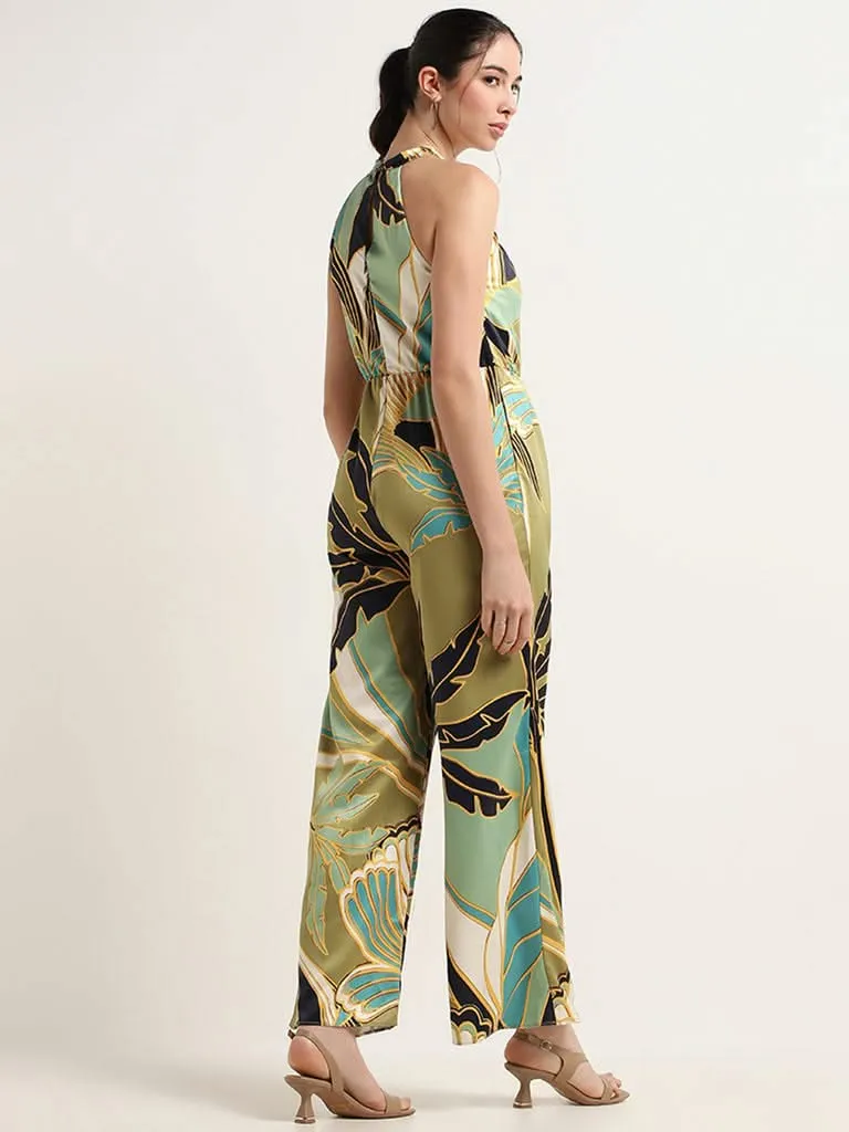 Wardrobe Green Printed Halter Neck Jumpsuit