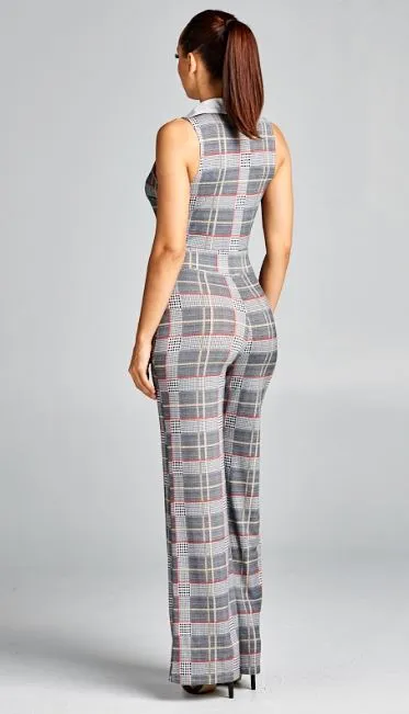 White Collar Plaid Jumpsuit