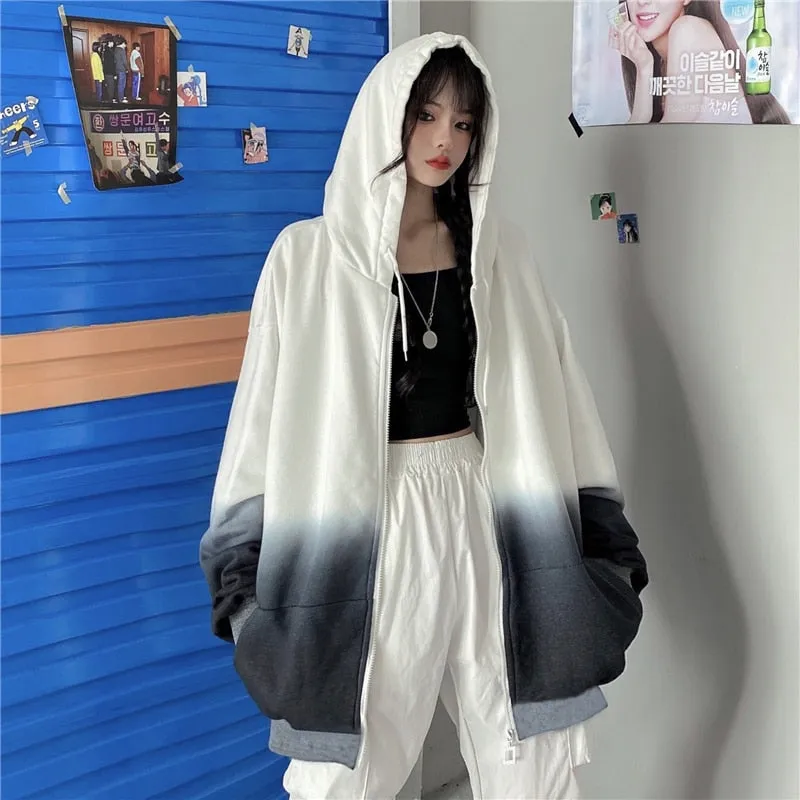 Wjczt Hoodies Women 2022 Autumn Streetwear Harajuku Gradient Color Baggy Long Sleeves Korean Fashion Cardigan Sweatshirt Zip Up Hoodie