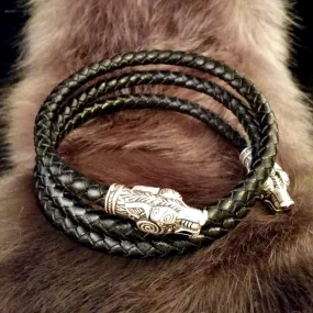 Wolf Arm Ring Torc Bracelet Silver Black Leather Viking