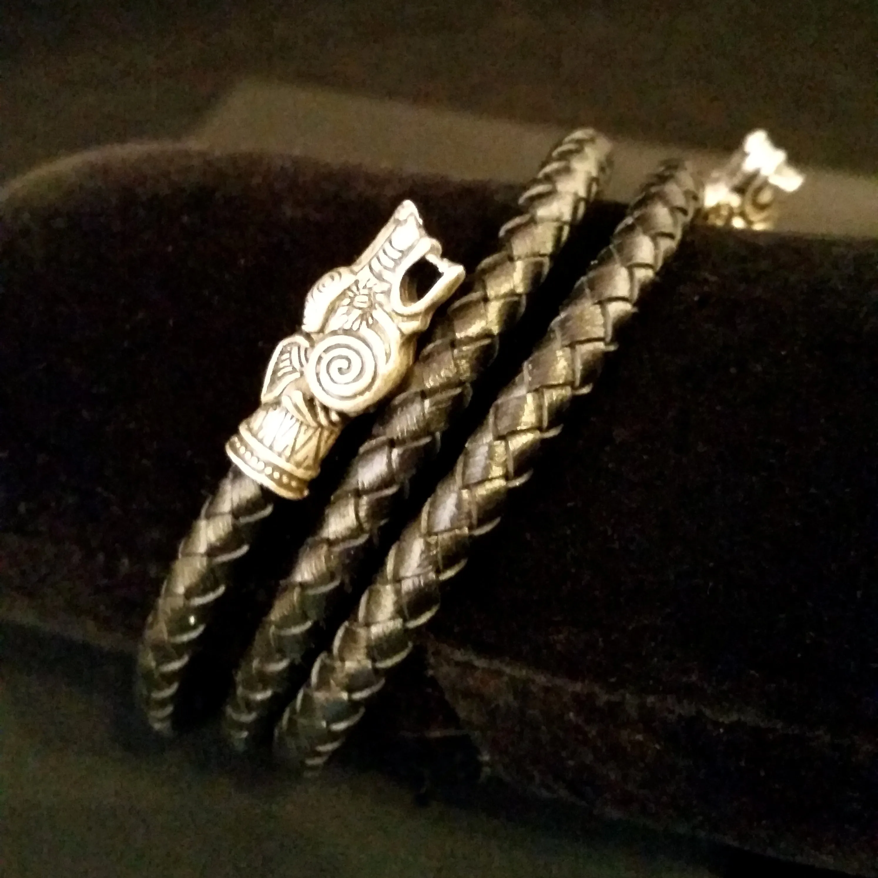 Wolf Arm Ring Torc Bracelet Silver Black Leather Viking