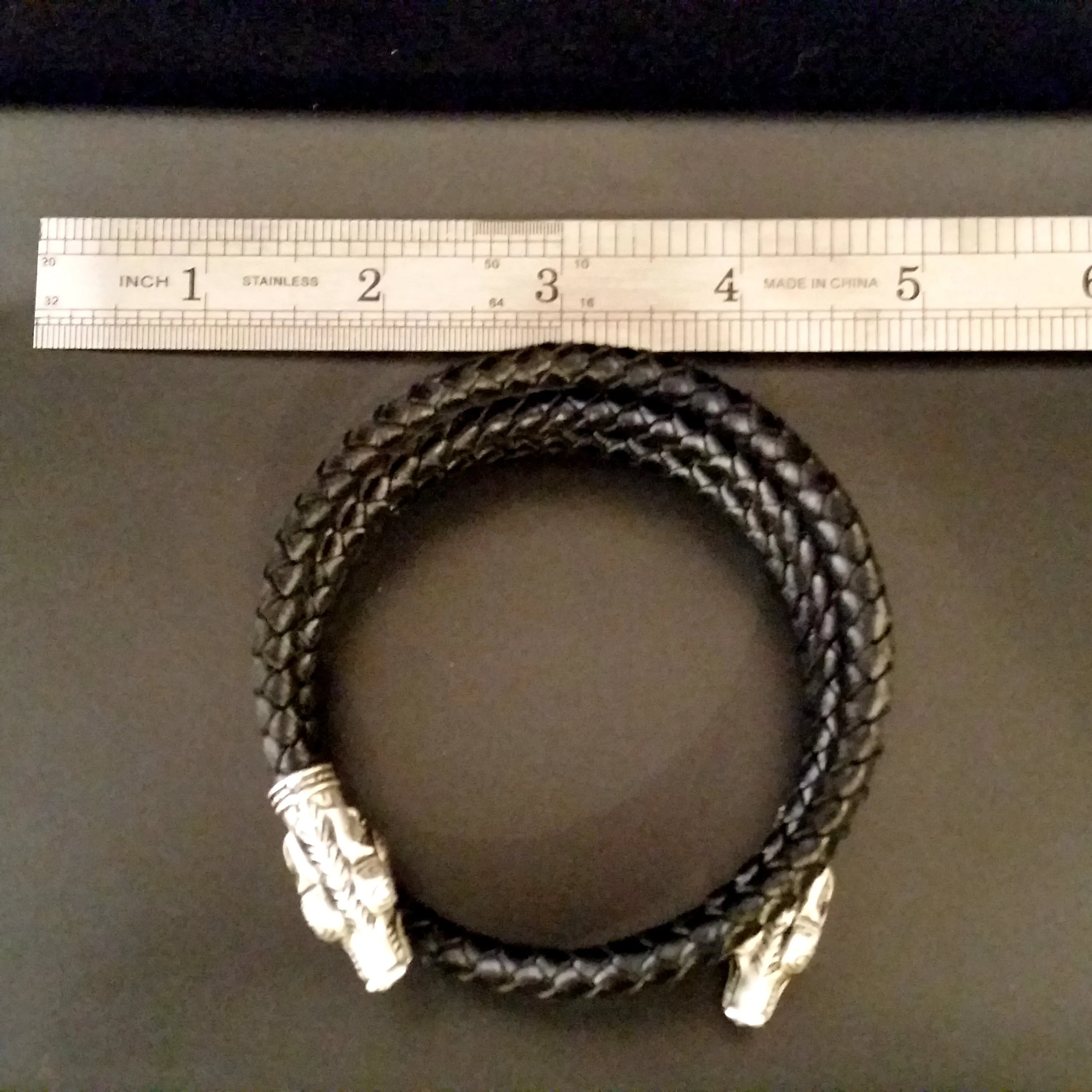 Wolf Arm Ring Torc Bracelet Silver Black Leather Viking