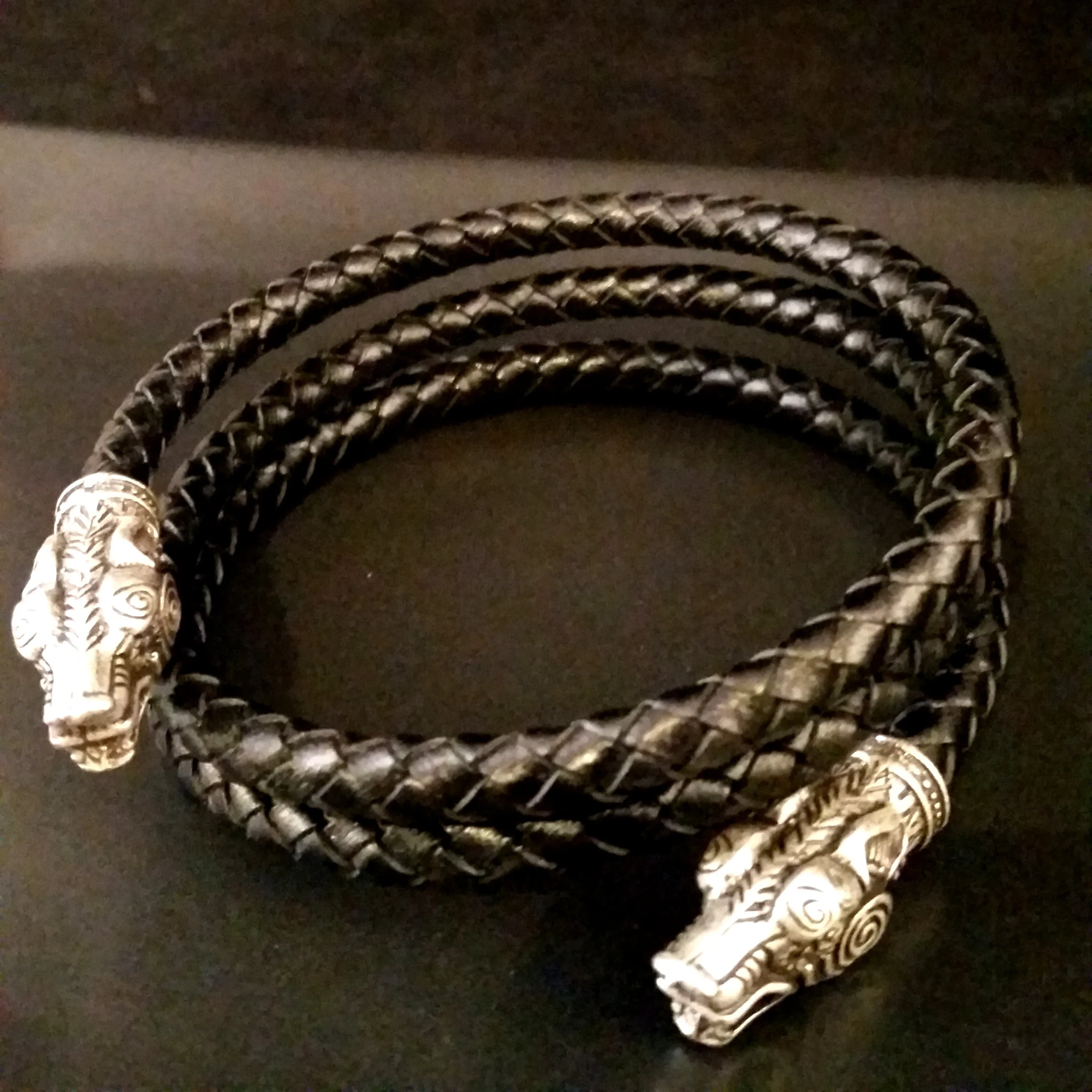 Wolf Arm Ring Torc Bracelet Silver Black Leather Viking