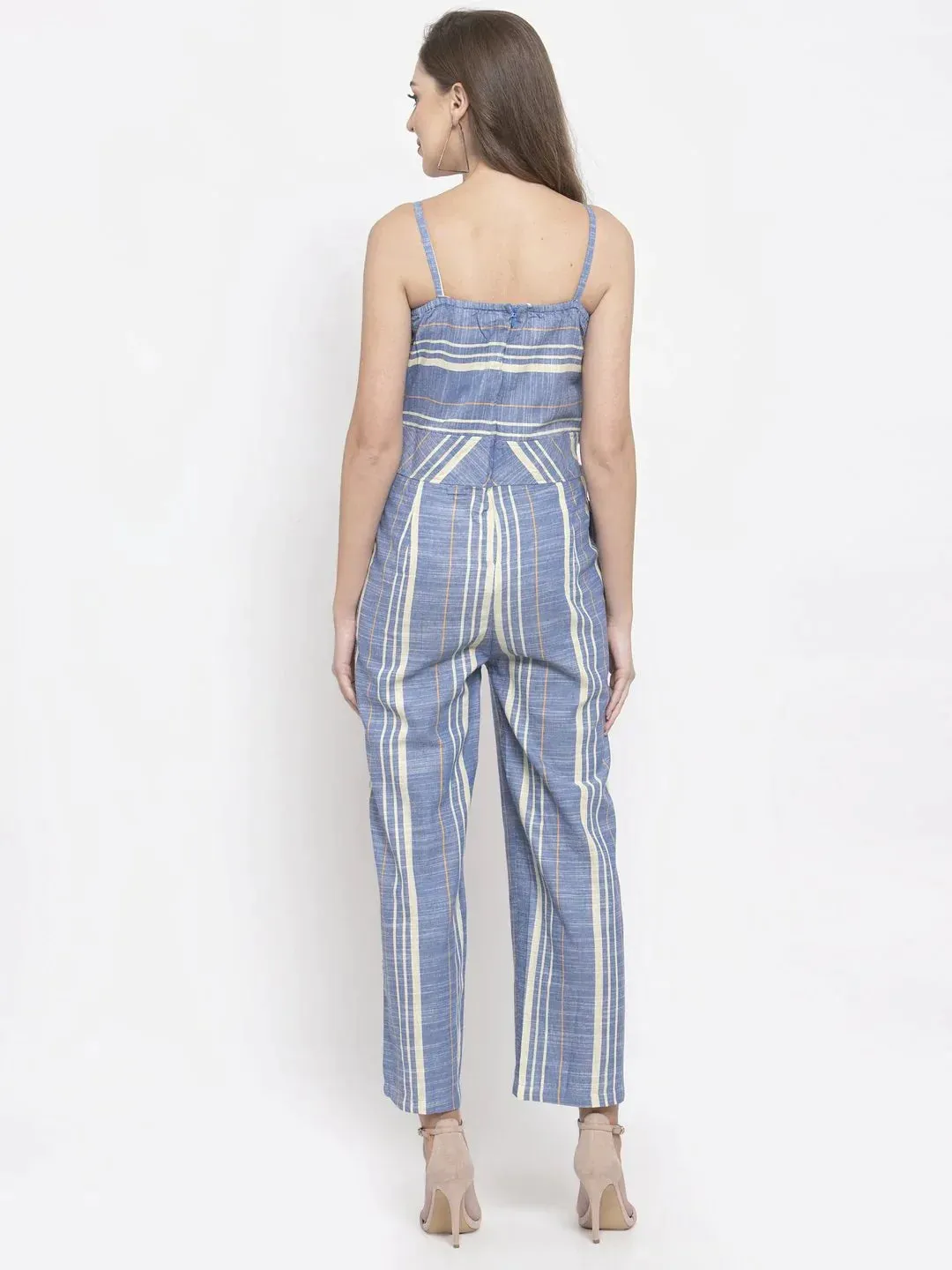 Women Blue & Off-White Striped Basic Jumpsuit