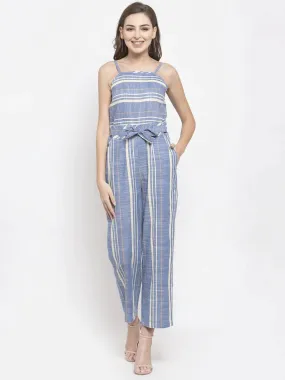 Women Blue & Off-White Striped Basic Jumpsuit