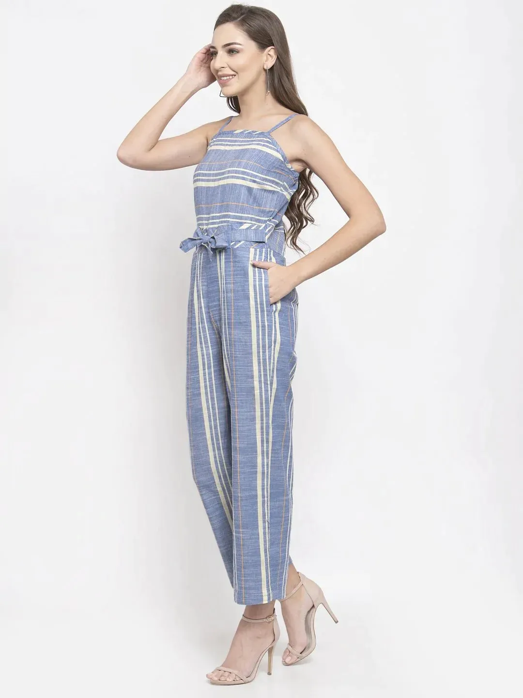 Women Blue & Off-White Striped Basic Jumpsuit