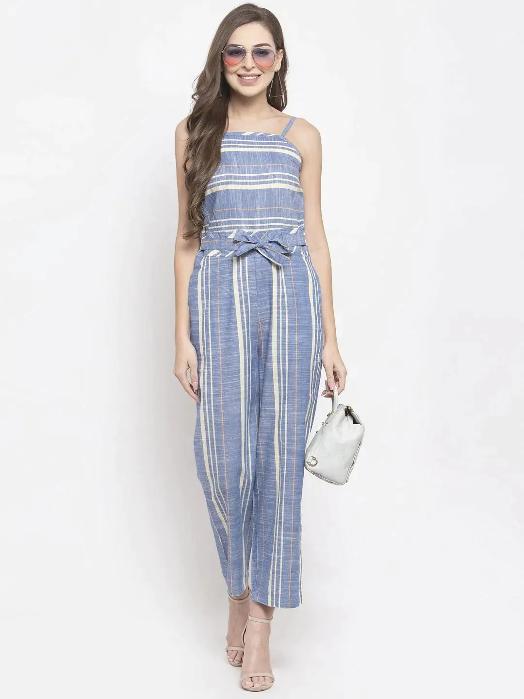 Women Blue & Off-White Striped Basic Jumpsuit