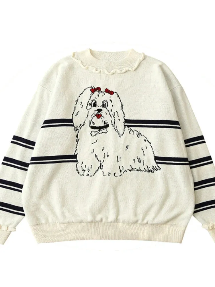 Women Cartoon Dog Embroidery Knitted Sweaters And Pullovers Ruffles Patchwork Girls Knit Jumpe Sweater Jacquard