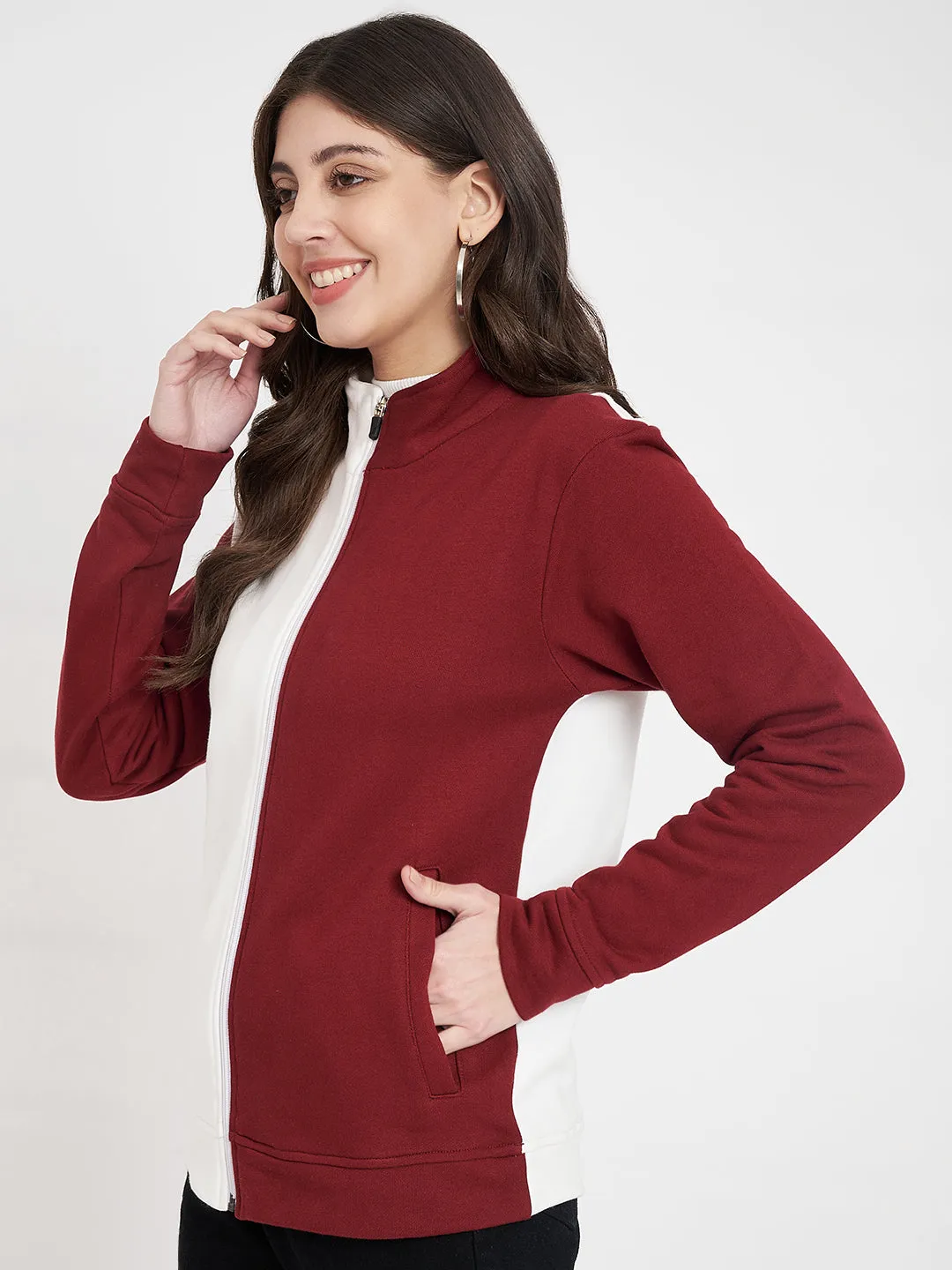 Women Colourblocked Mock Collar Maroon Bomber Jacket