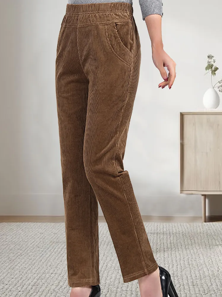 Women Plain Corduroy Elastic Waist Pocket Loose Turnip Pants  WD108