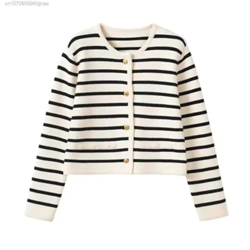 Women Stripe Knitted Cardigans Spring Autumn O-neck